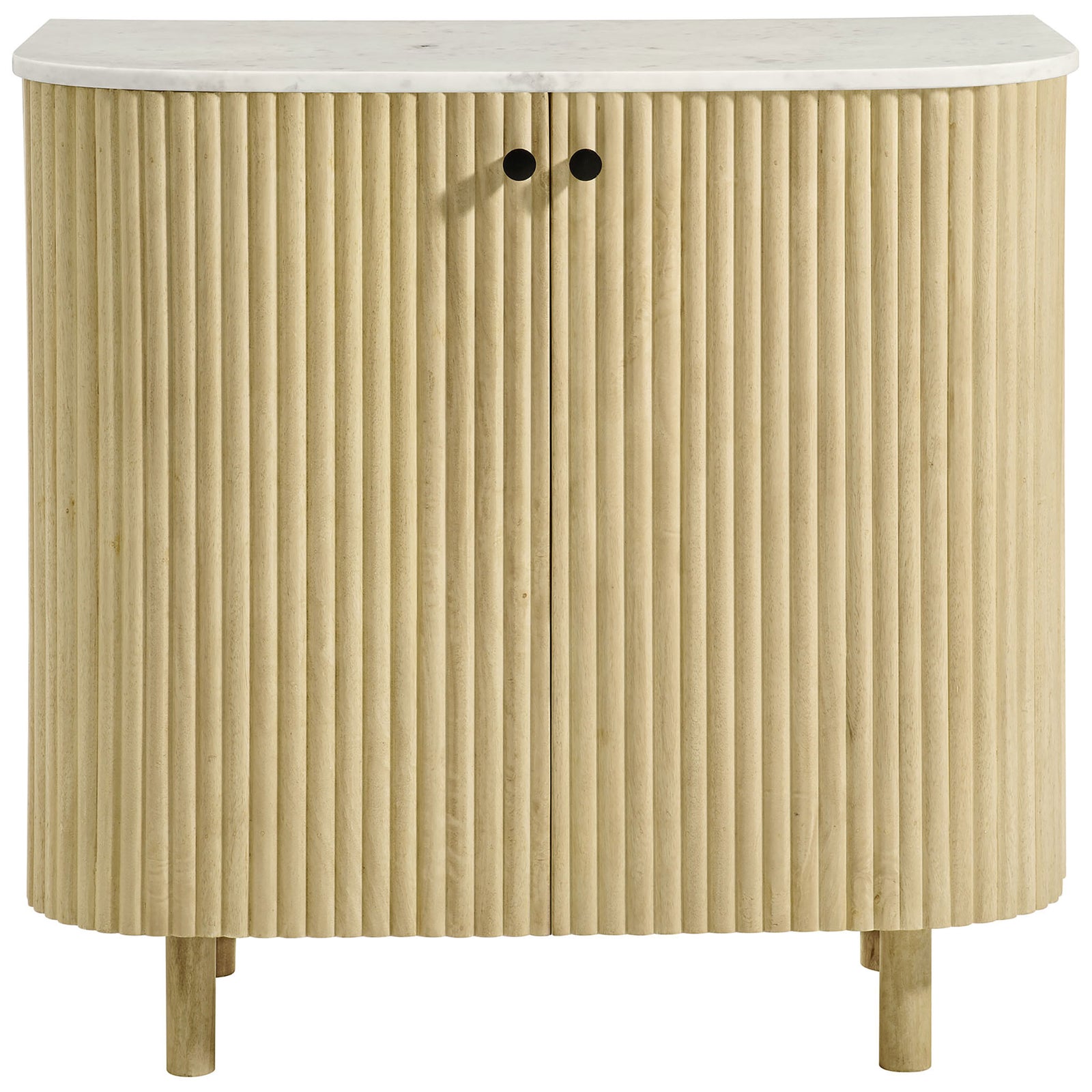 Curved fluted wood storage cabinet with white marble top and twin black knobs on raised legs || EEI-7354-NAT || front_studio