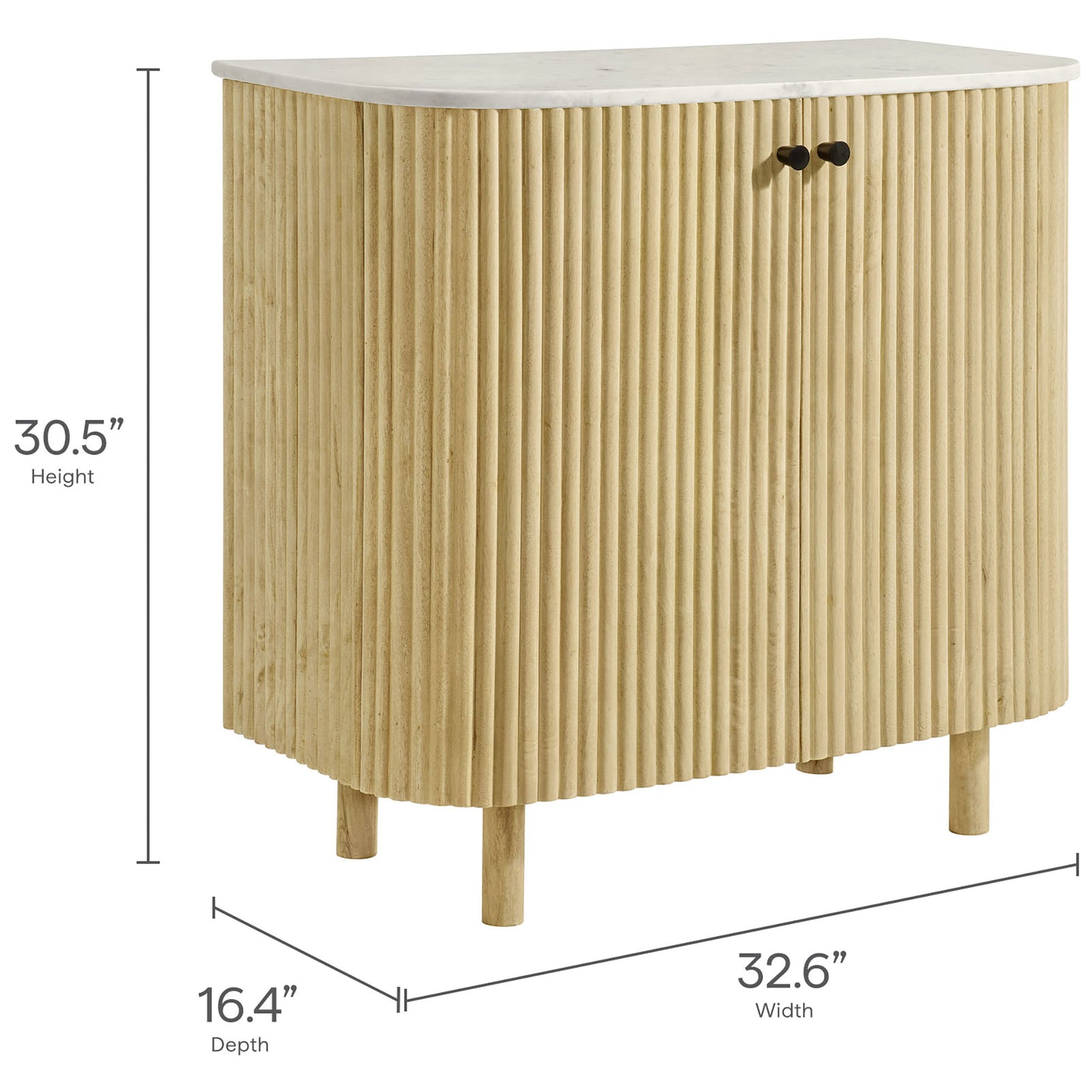 Dimension guide for the curved cabinet with labeled height, width, and depth measurements || EEI-7354-NAT || dimension_studio