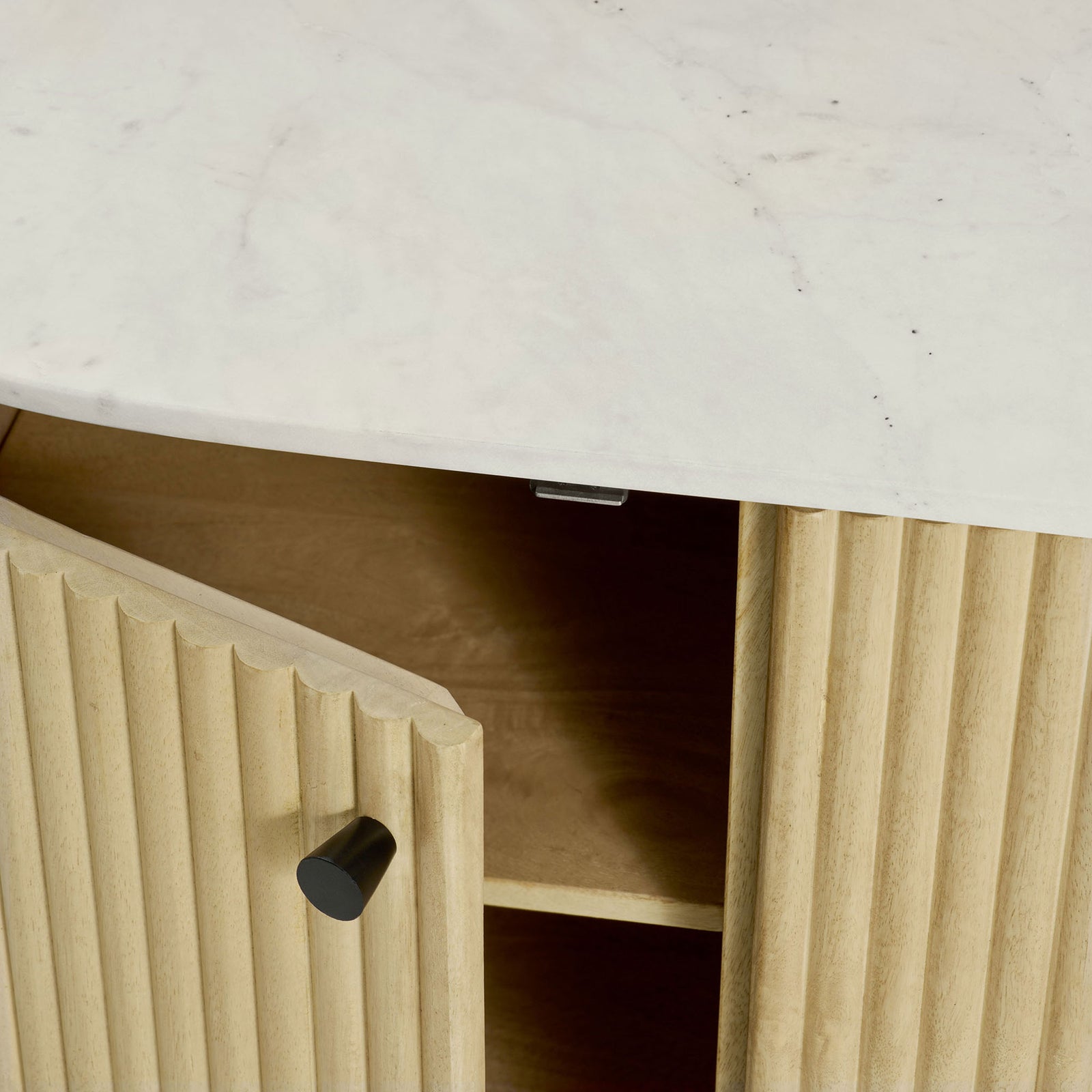 Genuine white marble top paired with ribbed mango wood door and matte black hardware || EEI-7355-NAT || swatch_studio