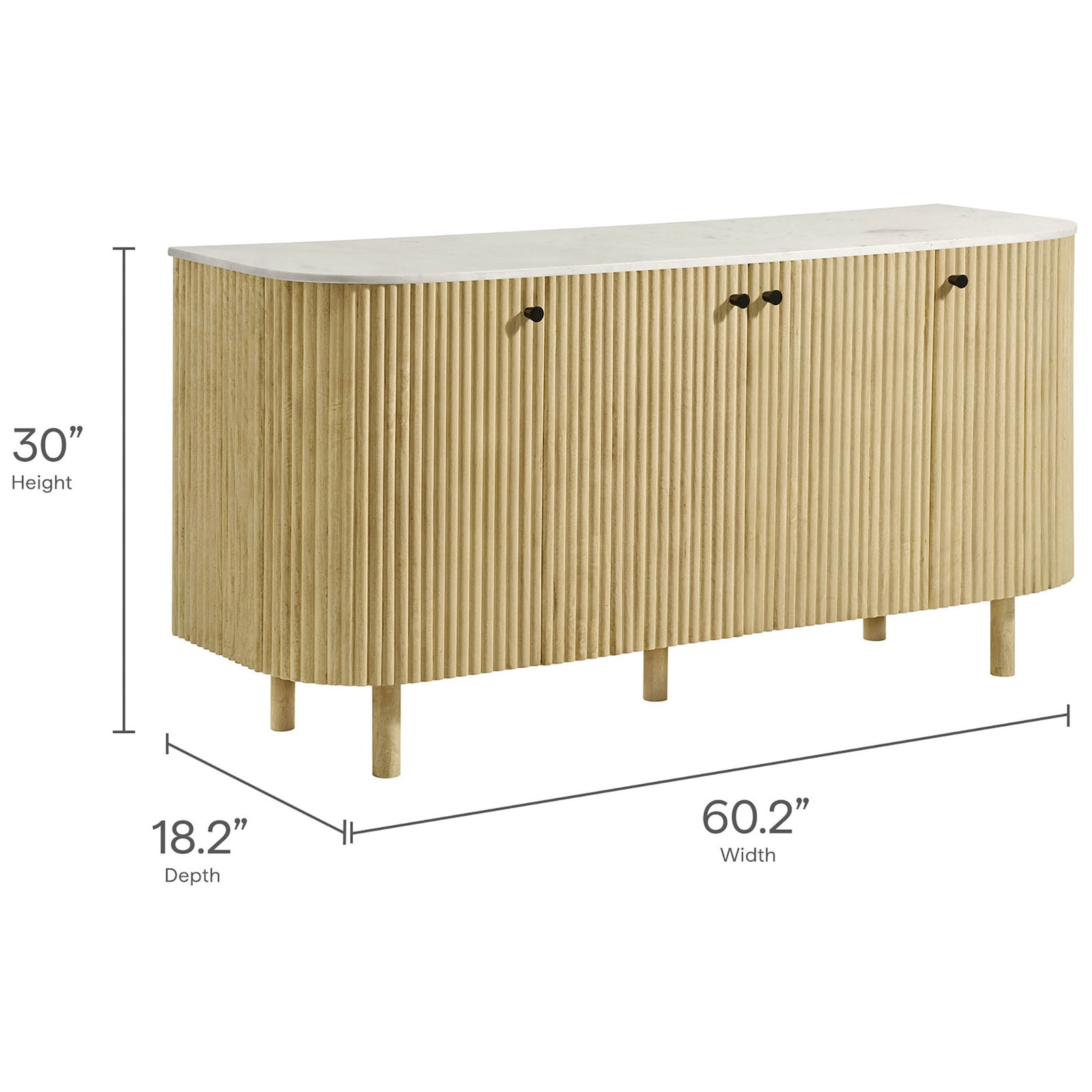 Curved sideboard with labeled height, width, and depth measurements || EEI-7355-NAT || dimension_studio