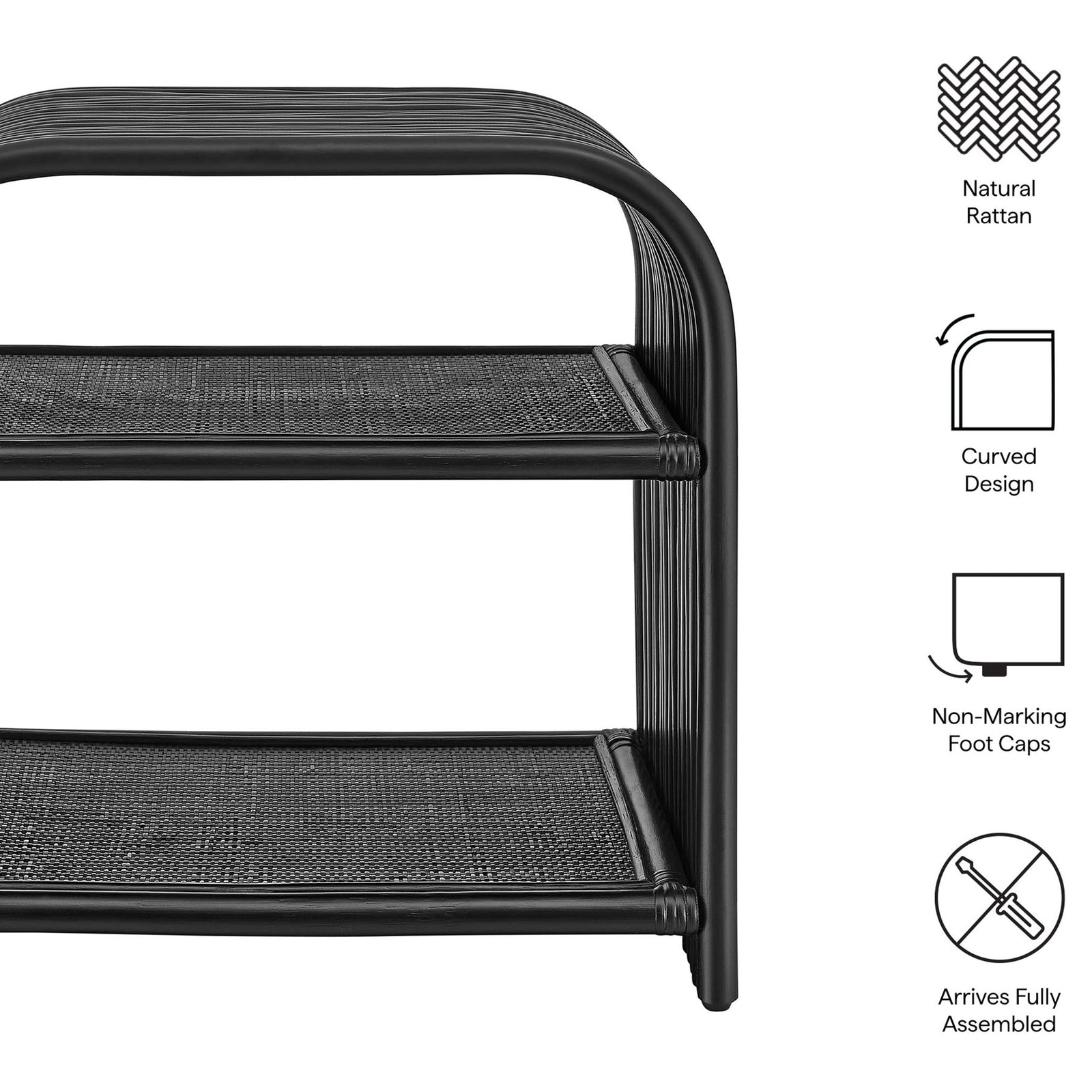 Feature callouts highlighting the black rattan side table's natural material and curved design || EEI-7361-BLK || callout_studio