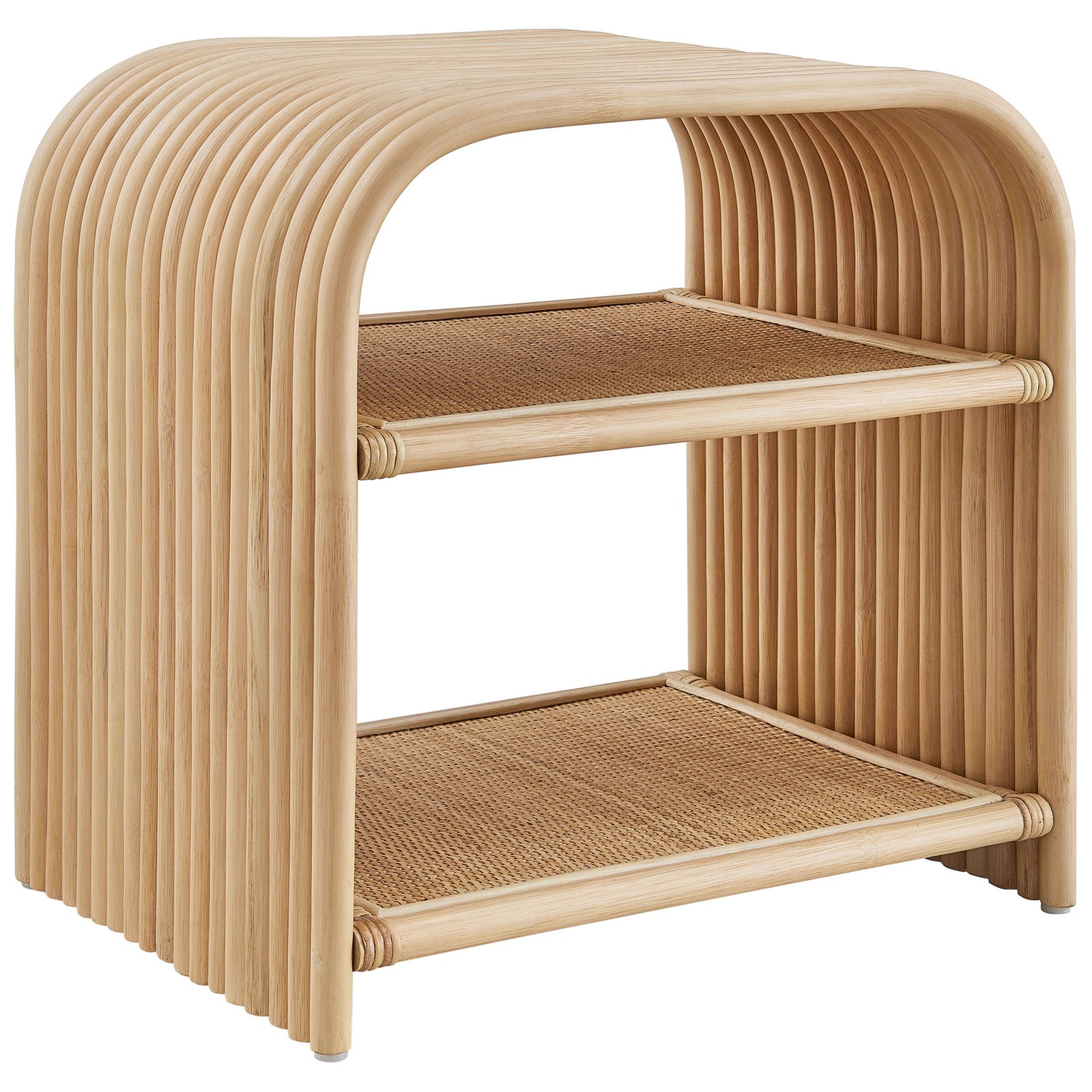 Curved natural rattan side table showcasing open slatted frame and dual woven shelves || EEI-7361-NAT || front_angle_studio