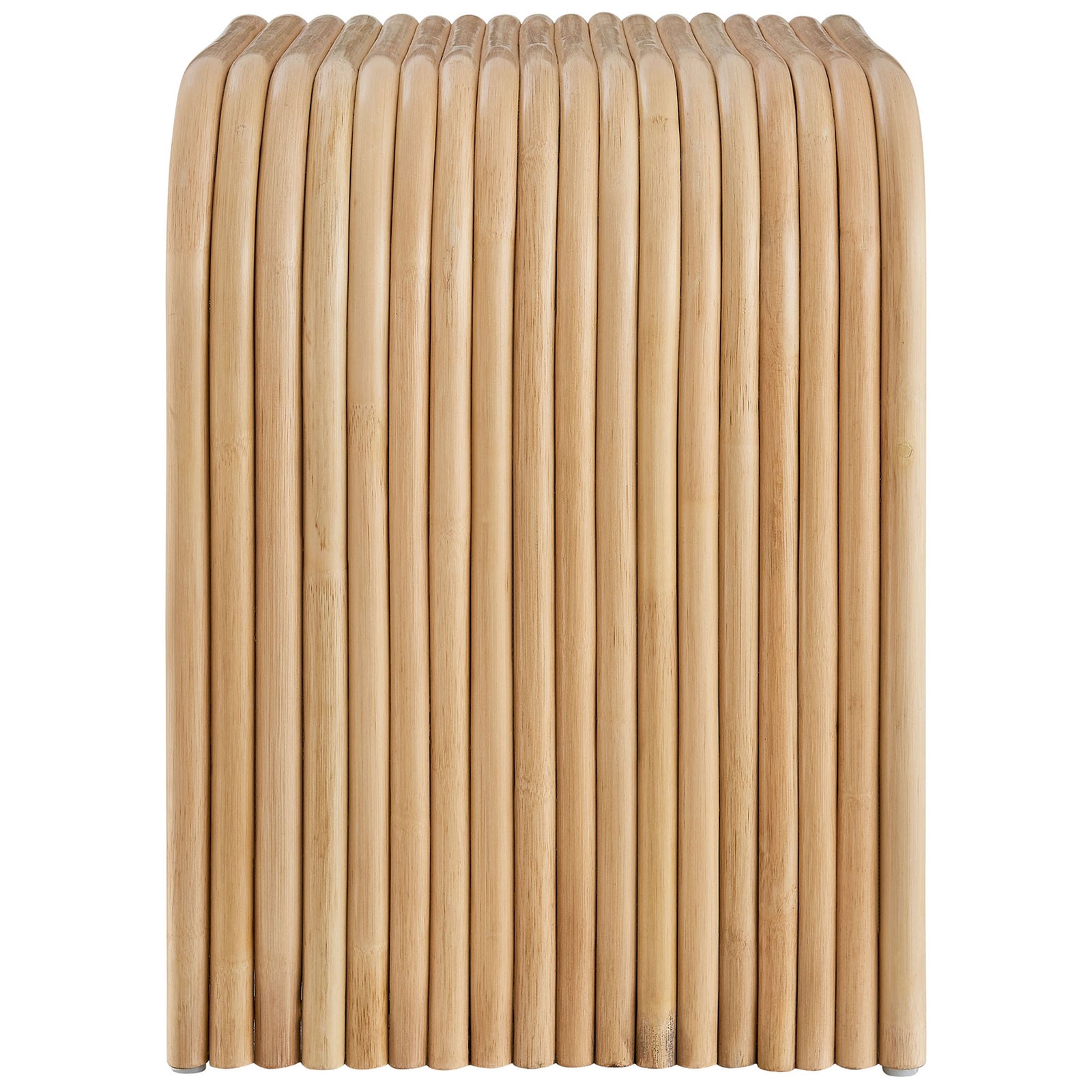 Slim natural rattan side table with waterfall curves and airy lower shelf storage || EEI-7361-NAT || side_studio