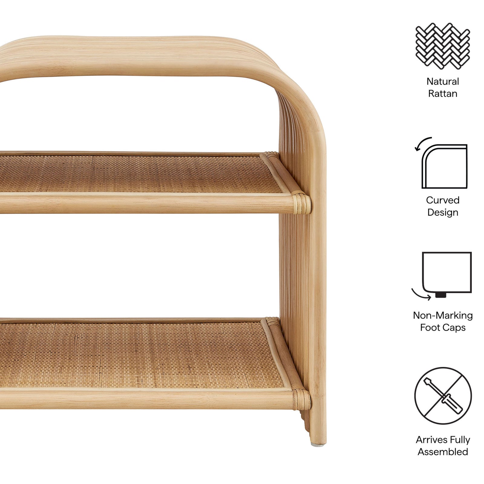 Eve natural rattan side table with curved design, non-marking foot caps, and fully assembled || EEI-7361-NAT || callout_studio