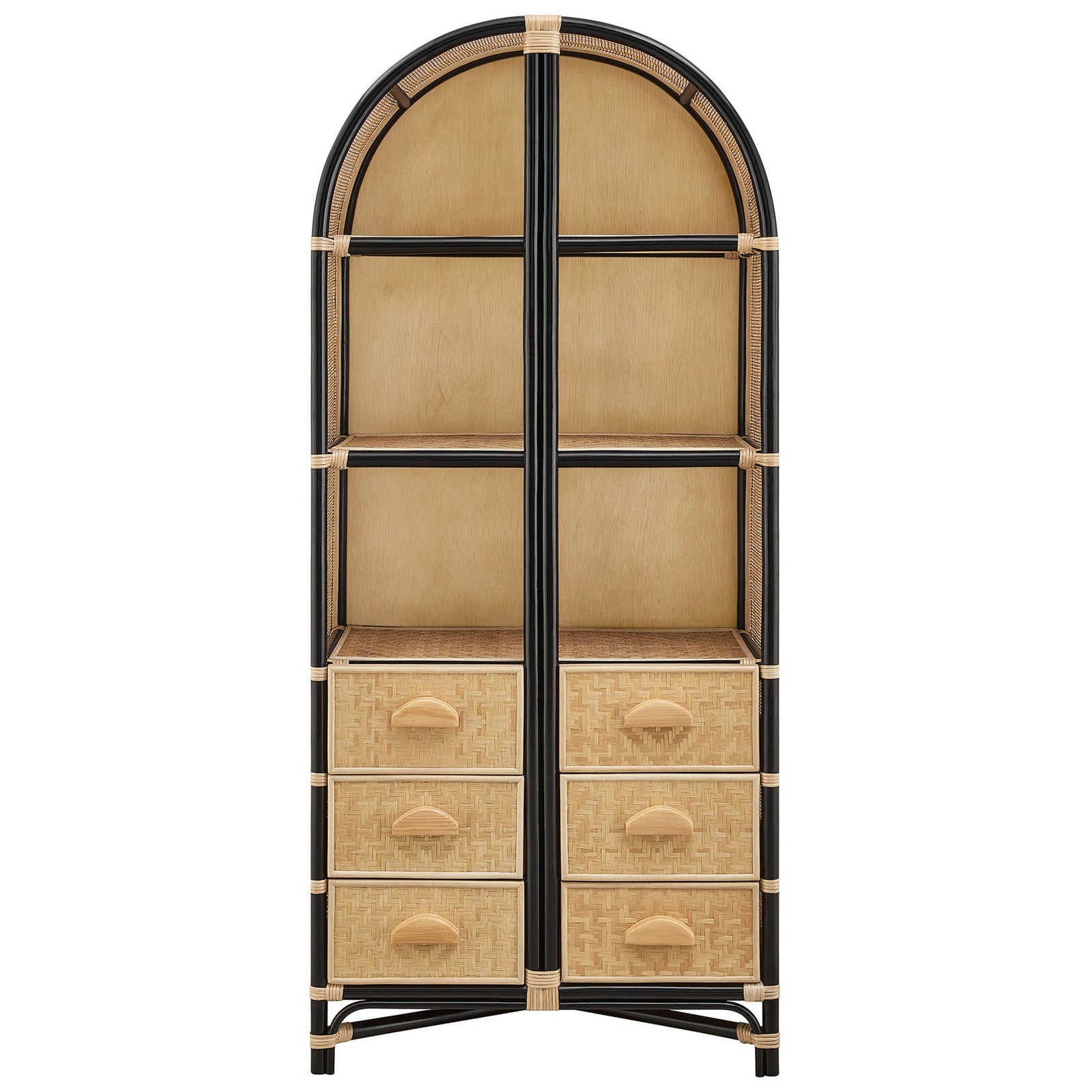 Streamlined arch silhouette in natural rattan and black, with open shelving above six woven storage drawers || EEI-7362-NAT-BLK || front_studio