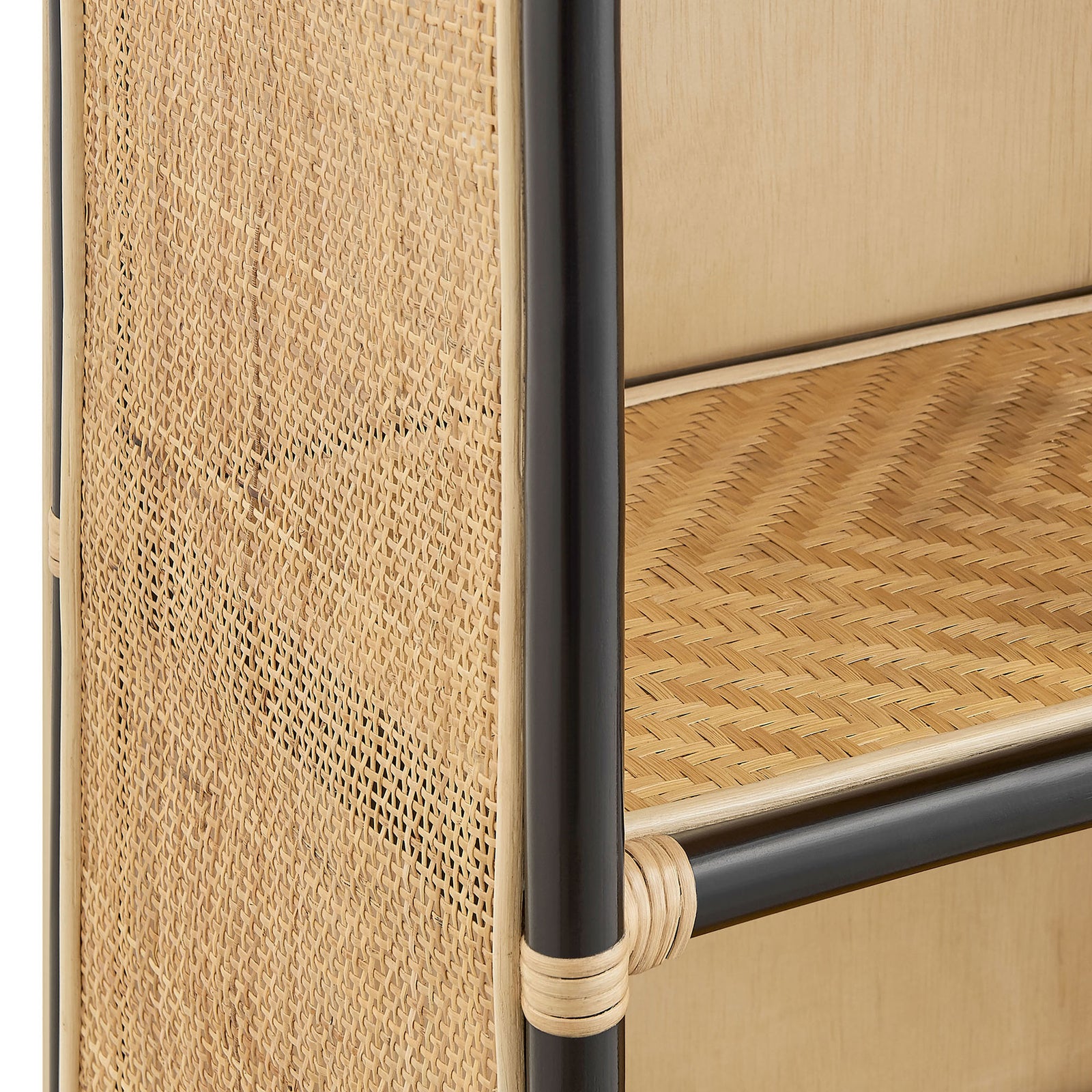 Woven rattan shelf and airy cane panels deliver tactile warmth and artisanal detail || EEI-7362-NAT-BLK || detail_studio