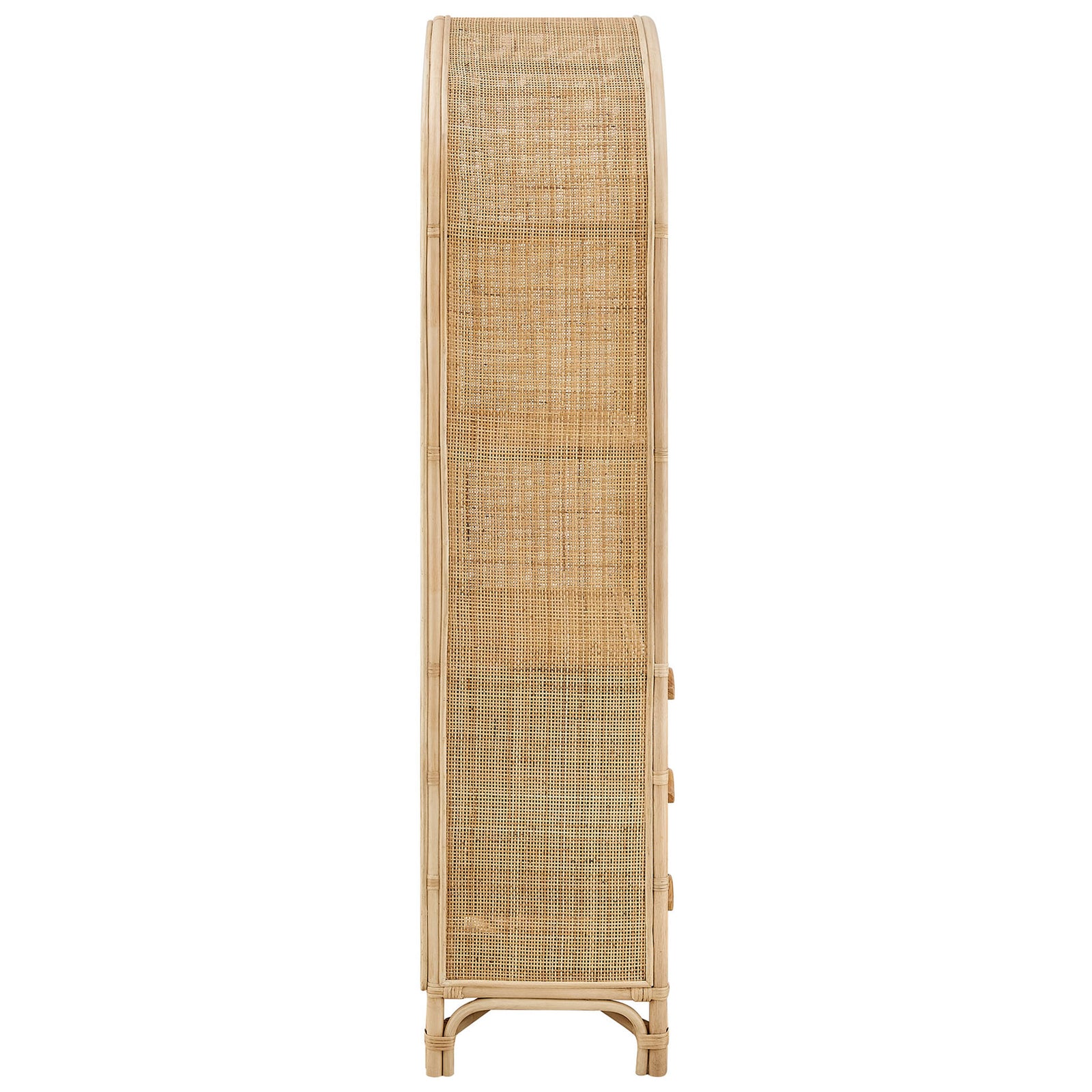 Slim profile reveals textured cane panels and an arched rattan frame bookshelf || EEI-7362-NAT || side_studio