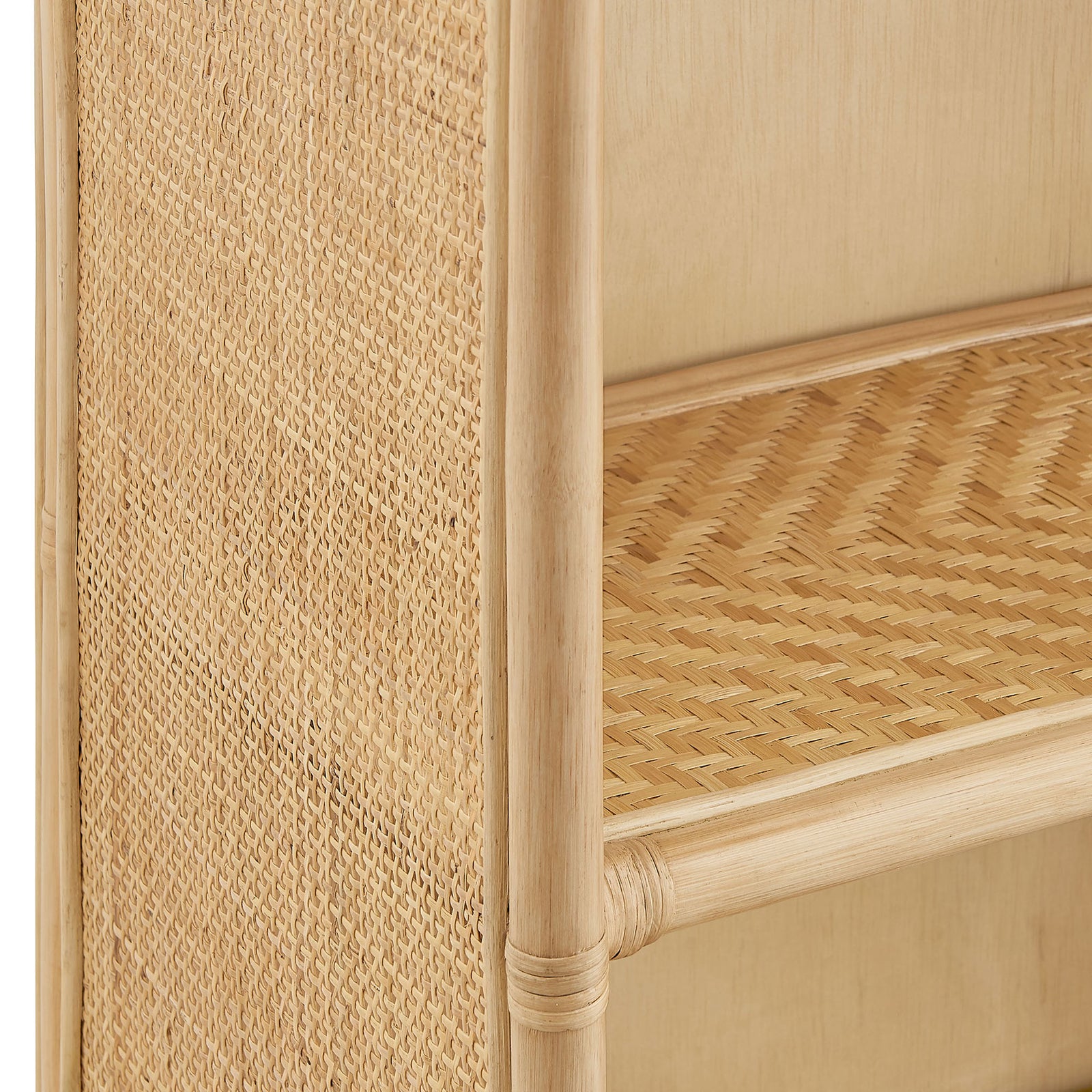 Natural cane texture and woven shelf surface add airy warmth to the minimalist wood interior || EEI-7362-NAT || detail_studio