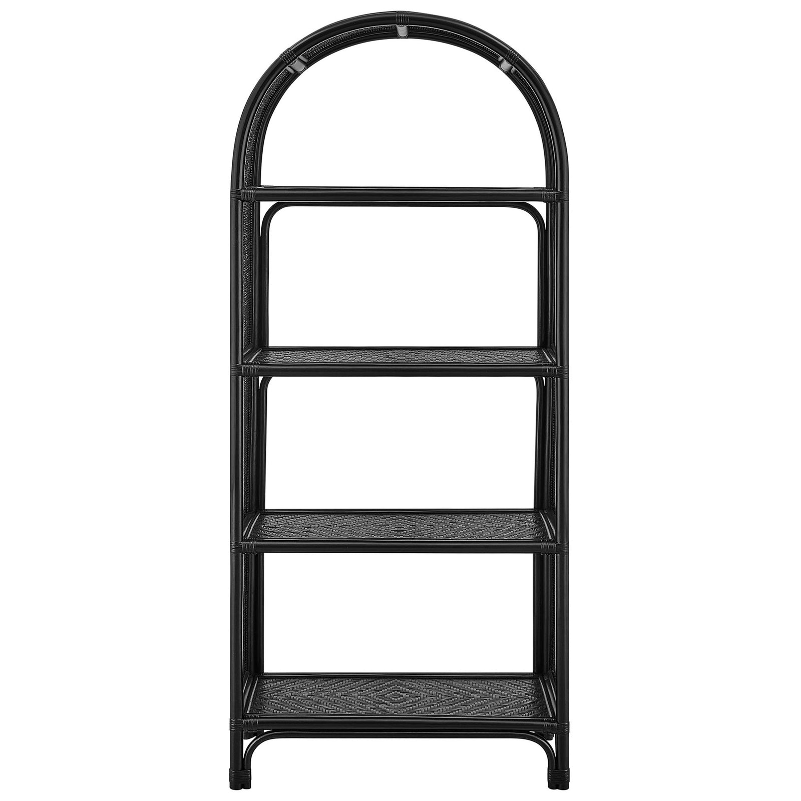 Sleek arched rattan bookcase in black with four spacious shelves for decor and books || EEI-7363-BLK || front_studio