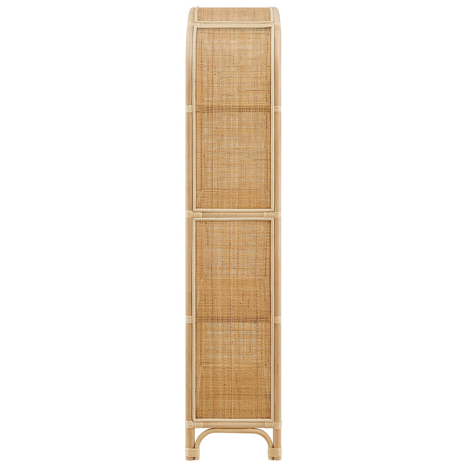 Slim profile with curved arch and rattan side panels, elevating storage with breezy texture. || EEI-7363-NAT || side_studio