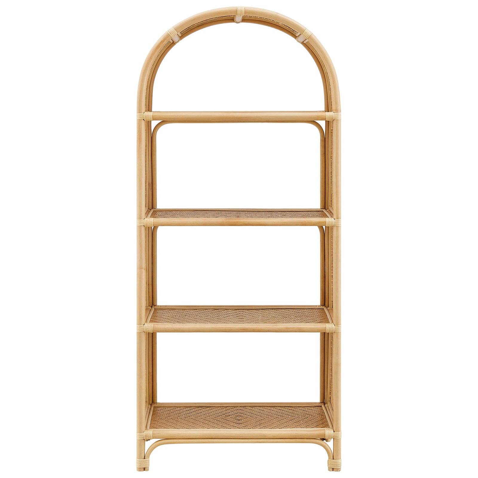 Arched natural rattan bookshelf with four open shelves and an airy wood frame. || EEI-7363-NAT || front_studio