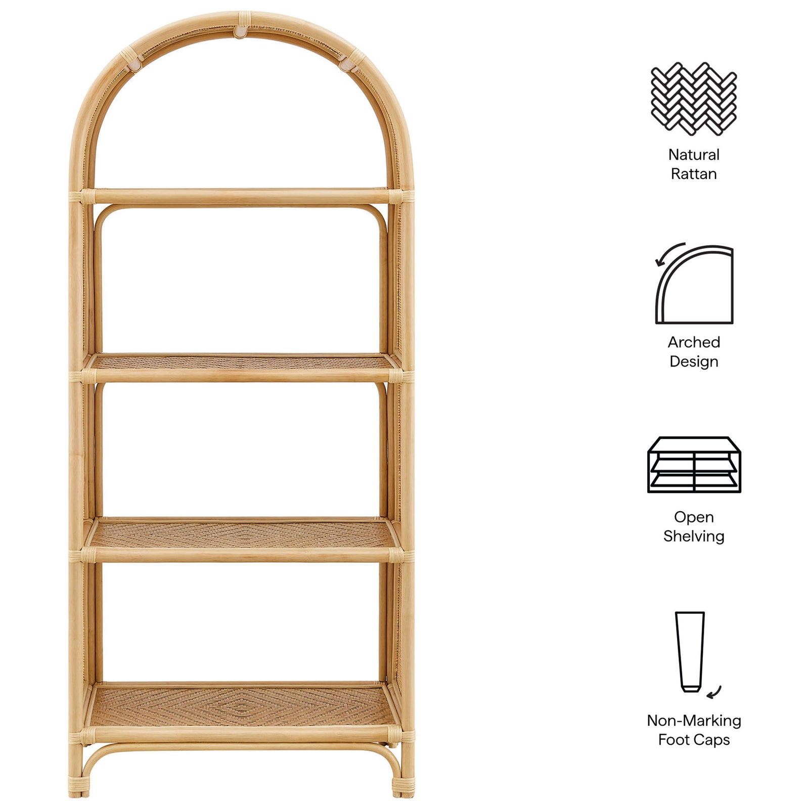 Key features include natural rattan, arched silhouette, open shelving, and protective foot caps. || EEI-7363-NAT || callout_studio