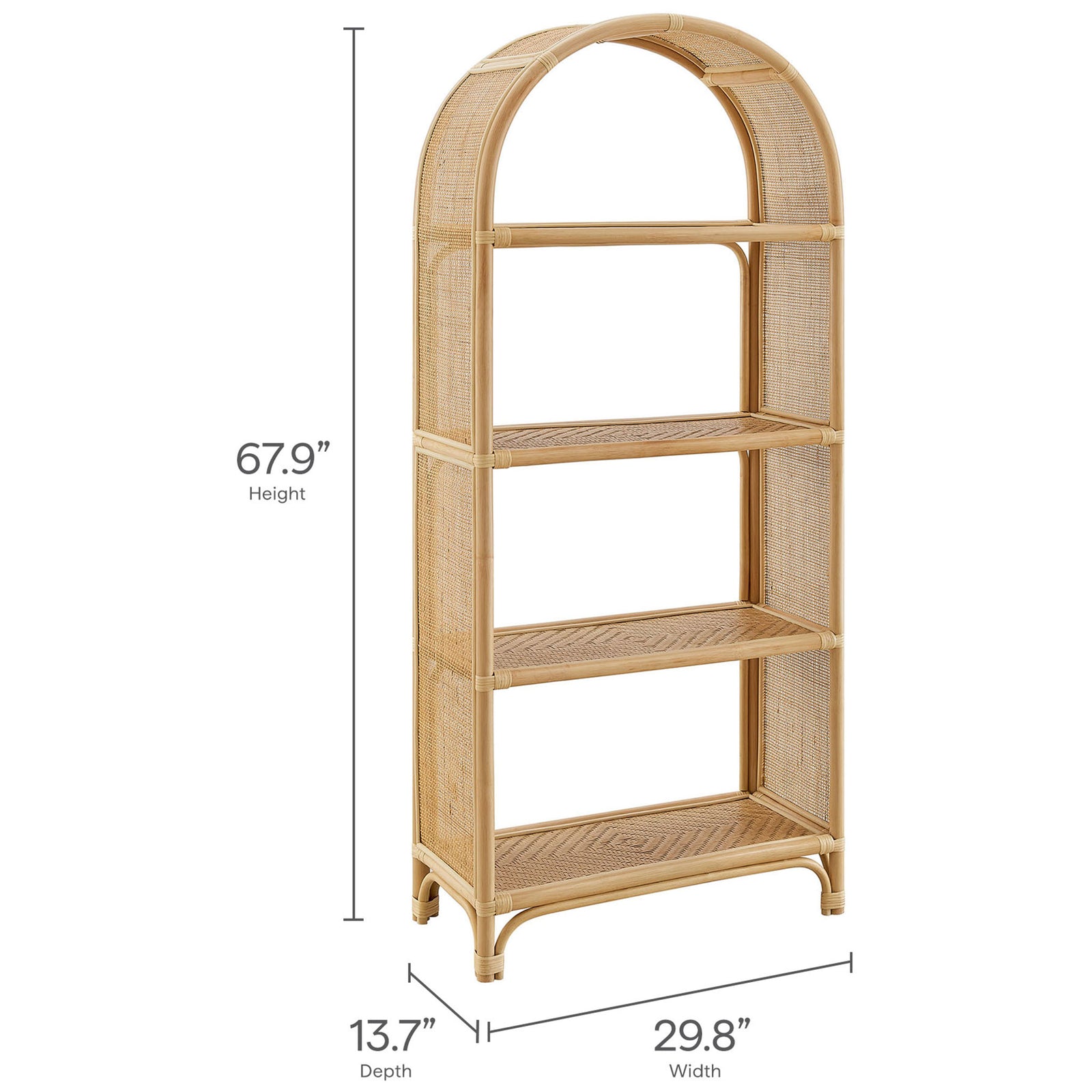 Tall, slim arched bookcase with an open-back frame and four roomy rattan shelves. || EEI-7363-NAT || dimension_studio