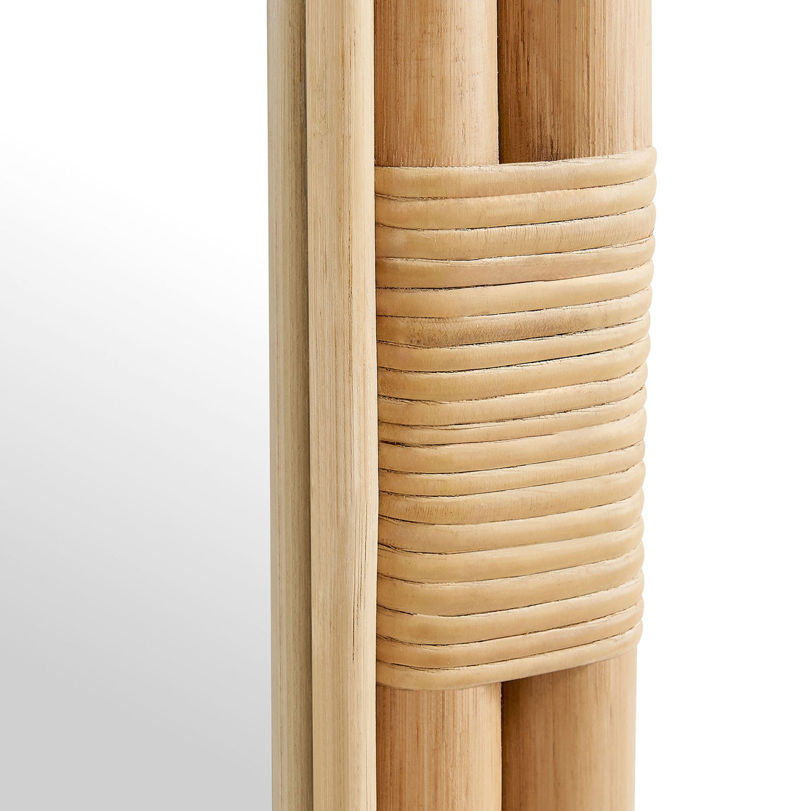Corsica oval mirror detail highlighting wrapped rattan band and smooth rounded frame || EEI-7364-NAT || detail_studio
