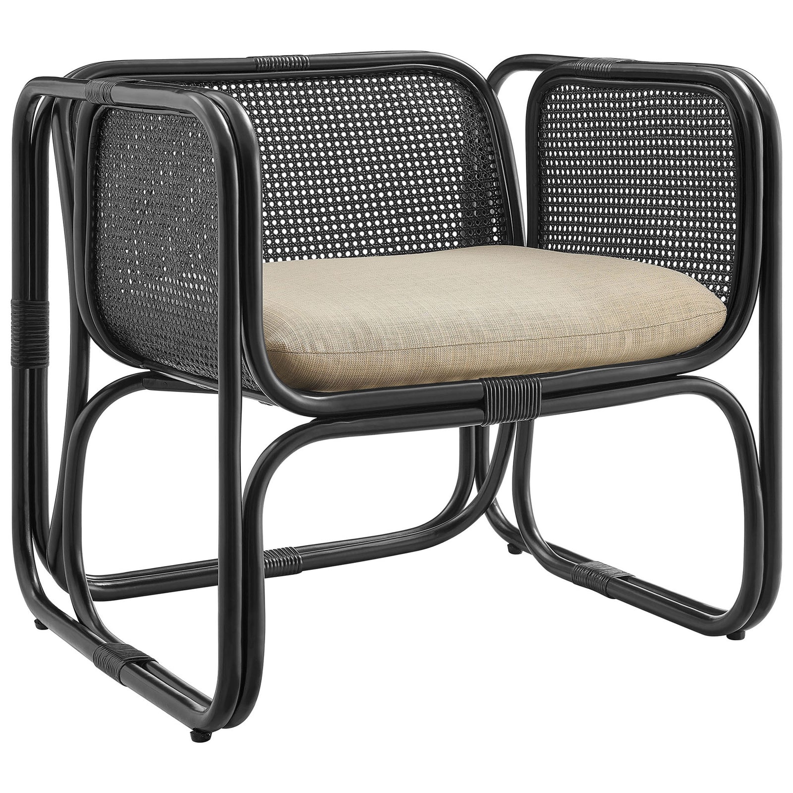 Curved tubular frame and airy black cane weave bring modern ease to this rattan lounge chair || EEI-7365-BLK || front_angle_studio