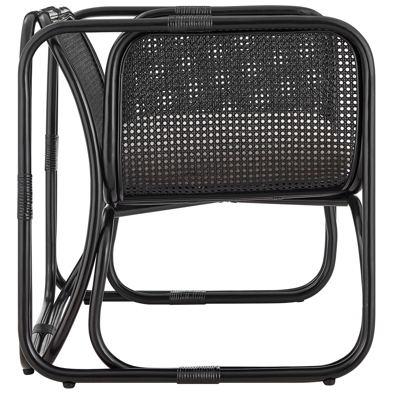 Sled-like base and rounded corners highlight the continuous rattan silhouette in sleek black || EEI-7365-BLK || side_studio