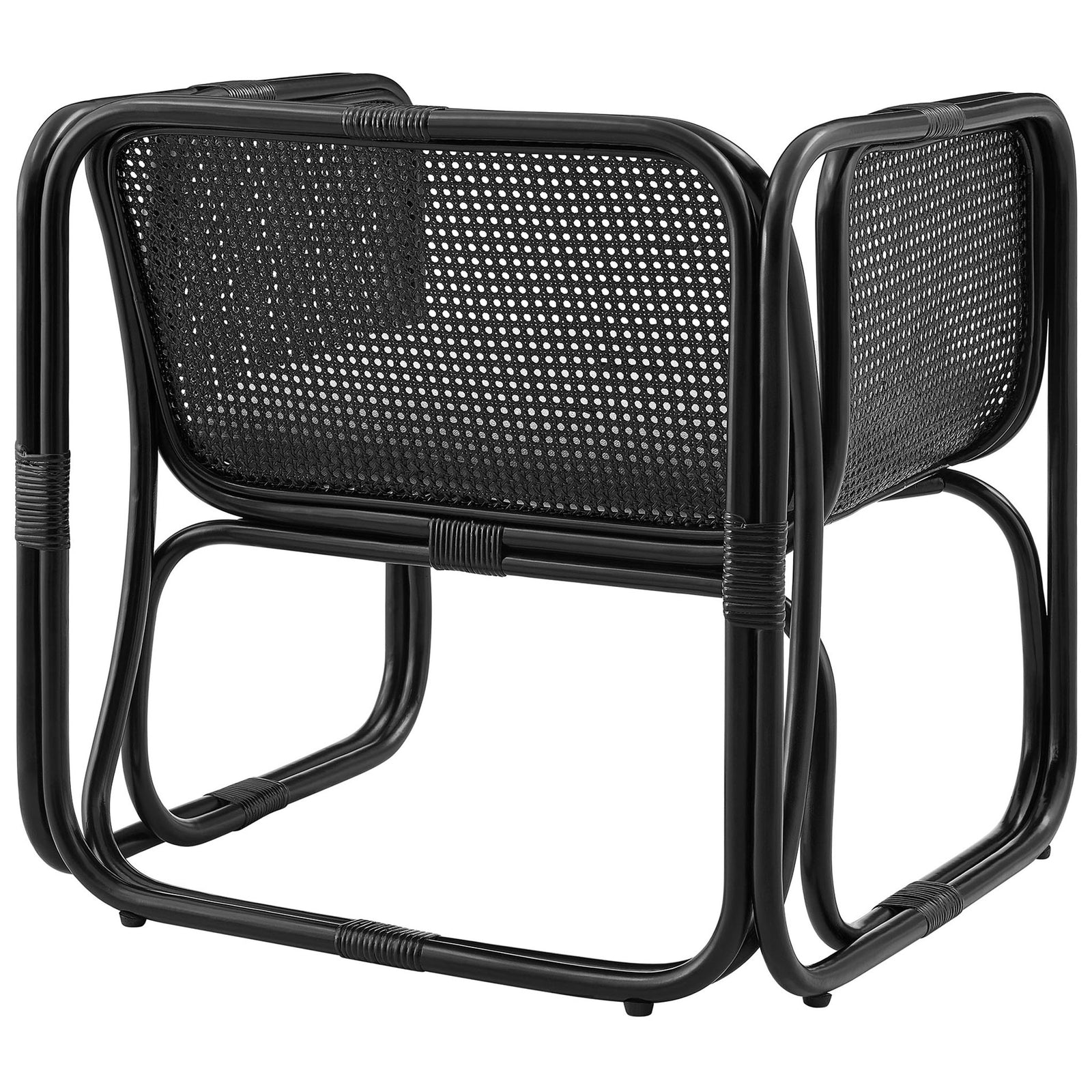 Wraparound cane panels offer airy support with a sculpted black rattan frame || EEI-7365-BLK || back_angle_studio