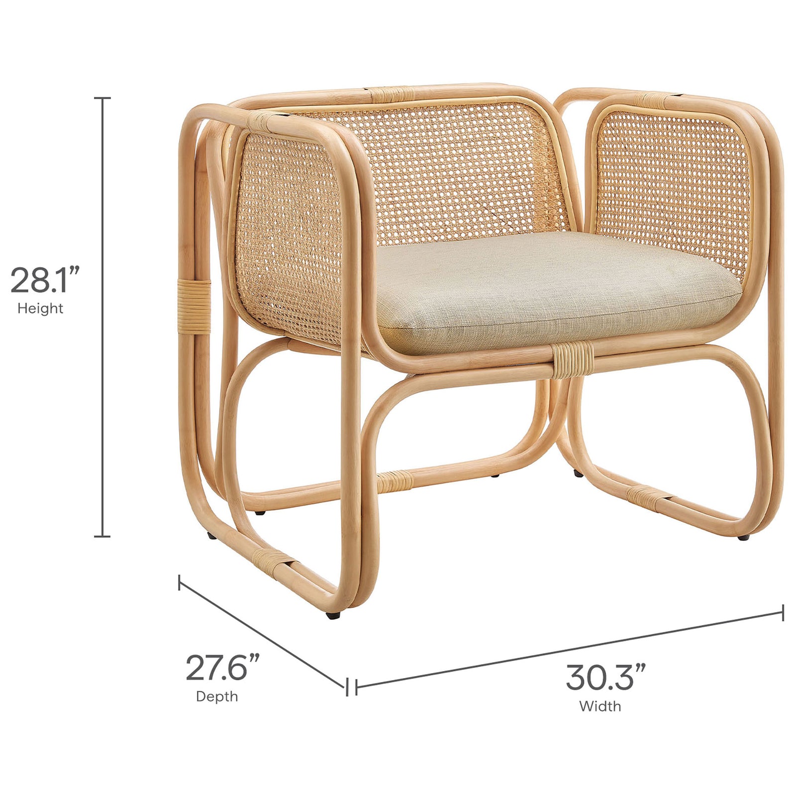 Compact accent chair sized for easy placement, with generous seat and supportive arms || EEI-7365-NAT || dimension_studio