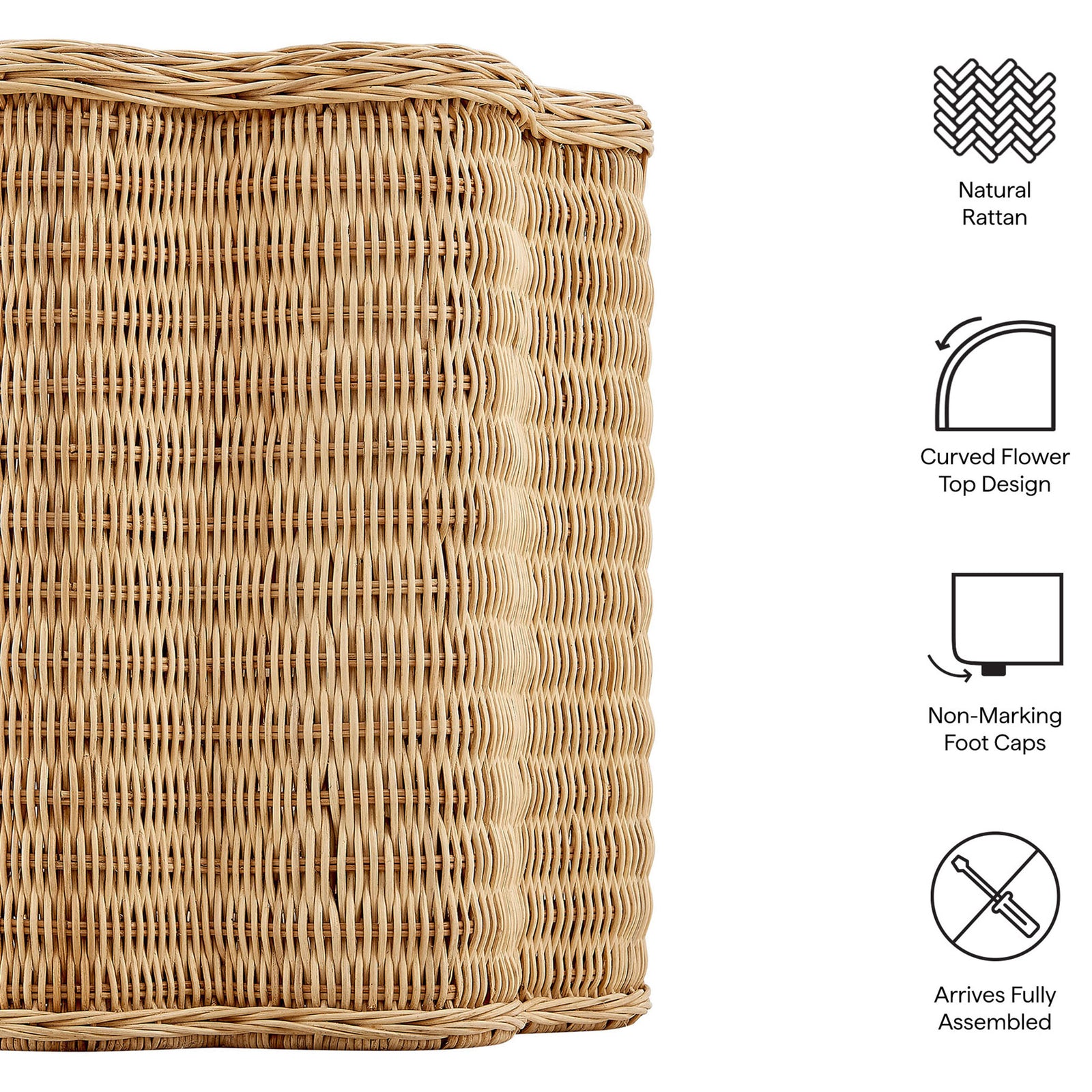 Rattan side table with feature icons for natural material, flower top, foot caps, and easy setup || EEI-7366-NAT || callout_studio