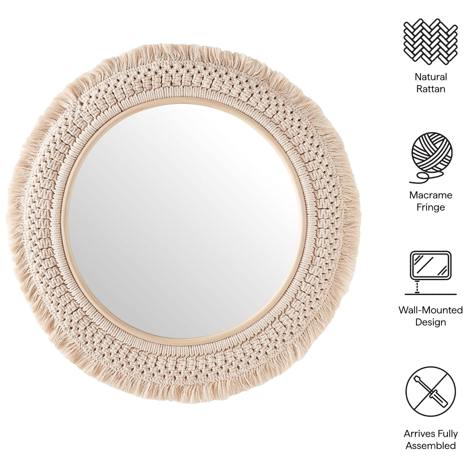Round rattan macrame wall mirror with icons noting natural materials, macrame fringe, wall mount, and easy setup. || EEI-7367-NAT || callout_studio