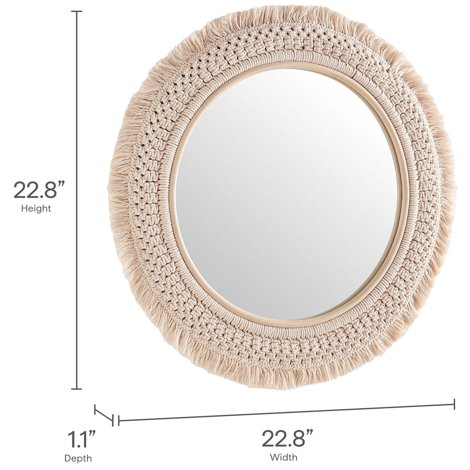 Round rattan macrame wall mirror with labeled height, width, and depth measurements for easy planning. || EEI-7367-NAT || dimension_studio