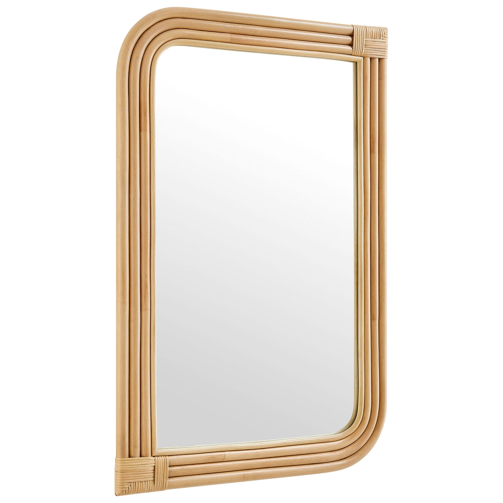 Corsica curved rectangle rattan wall mirror showcasing its sculpted rounded frame || EEI-7368-NAT || front_angle_studio