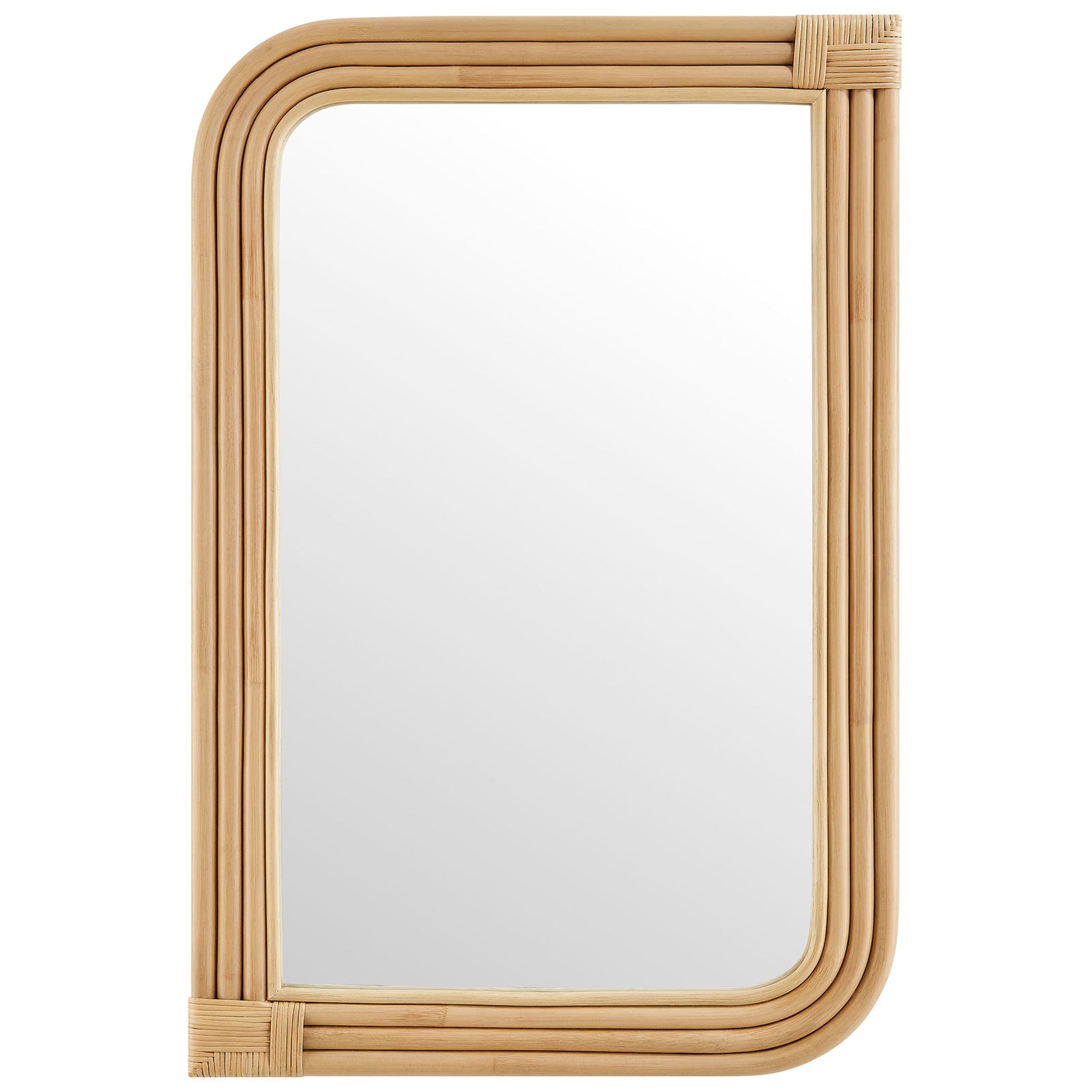 Corsica natural rattan rectangle wall mirror with gently rounded corners and airy profile || EEI-7368-NAT || front_studio