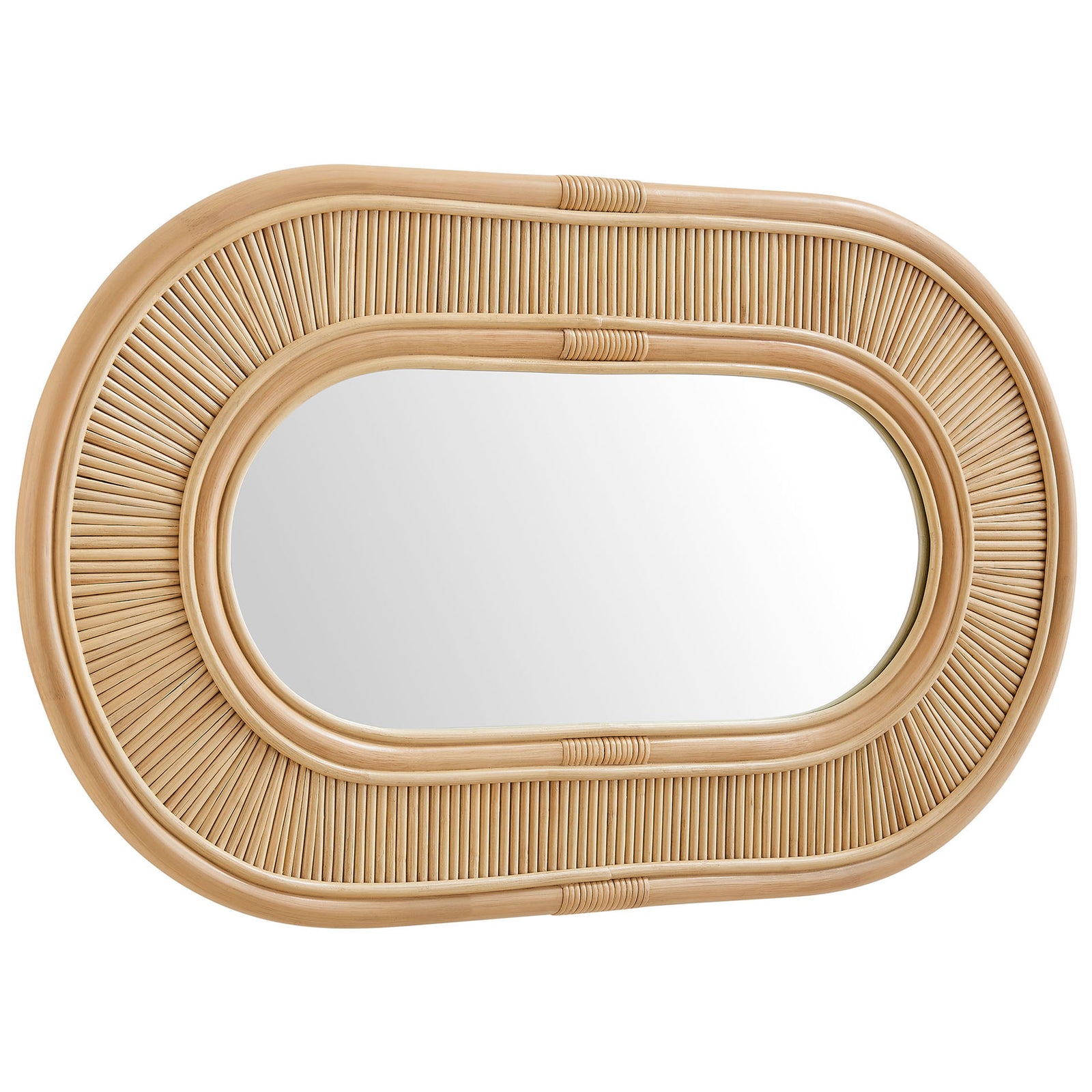 Natural rattan mirror styled horizontally to highlight the elongated oval shape and smooth layered frame || EEI-7369-NAT || front_angle_studio