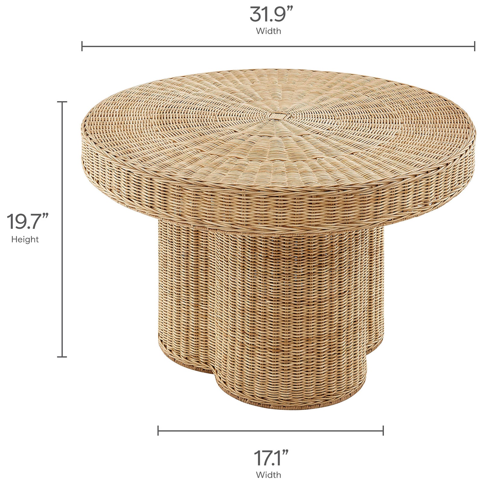 Dimensions highlight a 31.9-inch round top, 19.7-inch height, and 17.1-inch base width || EEI-7370-NAT || dimension_studio