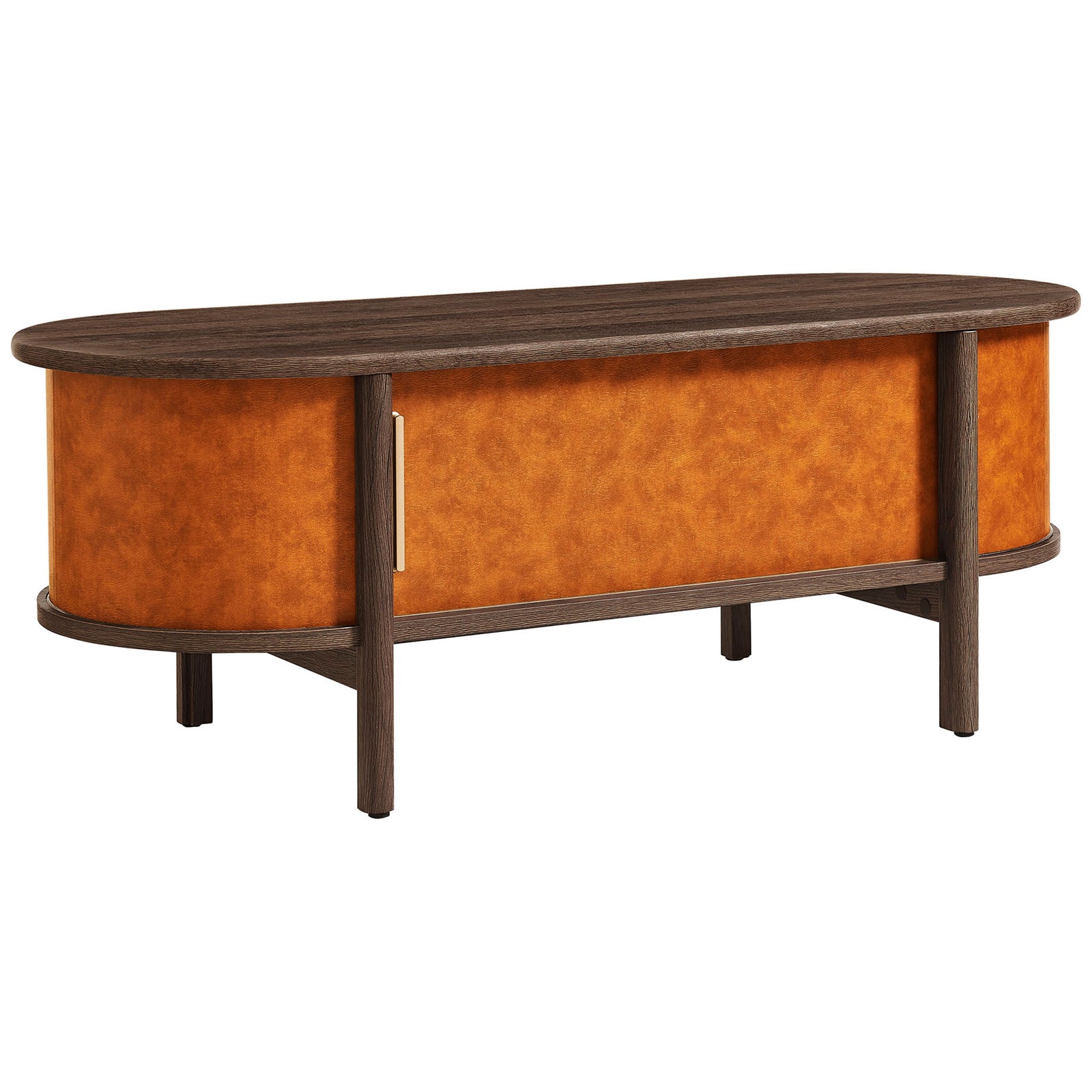 Curved profile blends rich walnut tones with tan vegan leather for vintage-inspired warmth. || EEI-7371-WAL-TAN || front_angle_studio