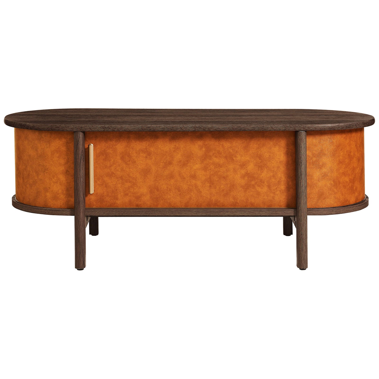 Oval coffee table with a walnut wood-grain top and warm tan vegan leather wrap, accented by a gold-tone handle. || EEI-7371-WAL-TAN || front_studio
