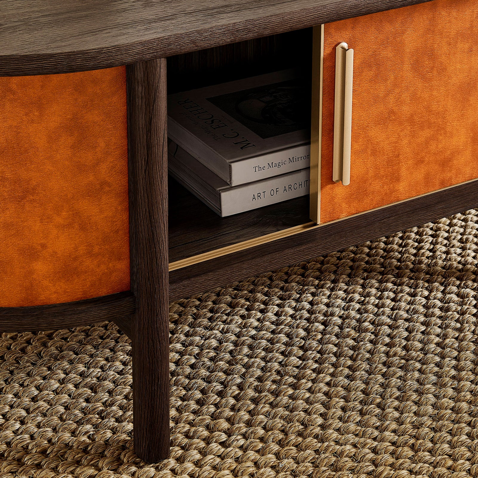 Sliding door reveals hidden storage for books and remotes, keeping surfaces clean and organized. || EEI-7371-WAL-TAN || storage_open_room