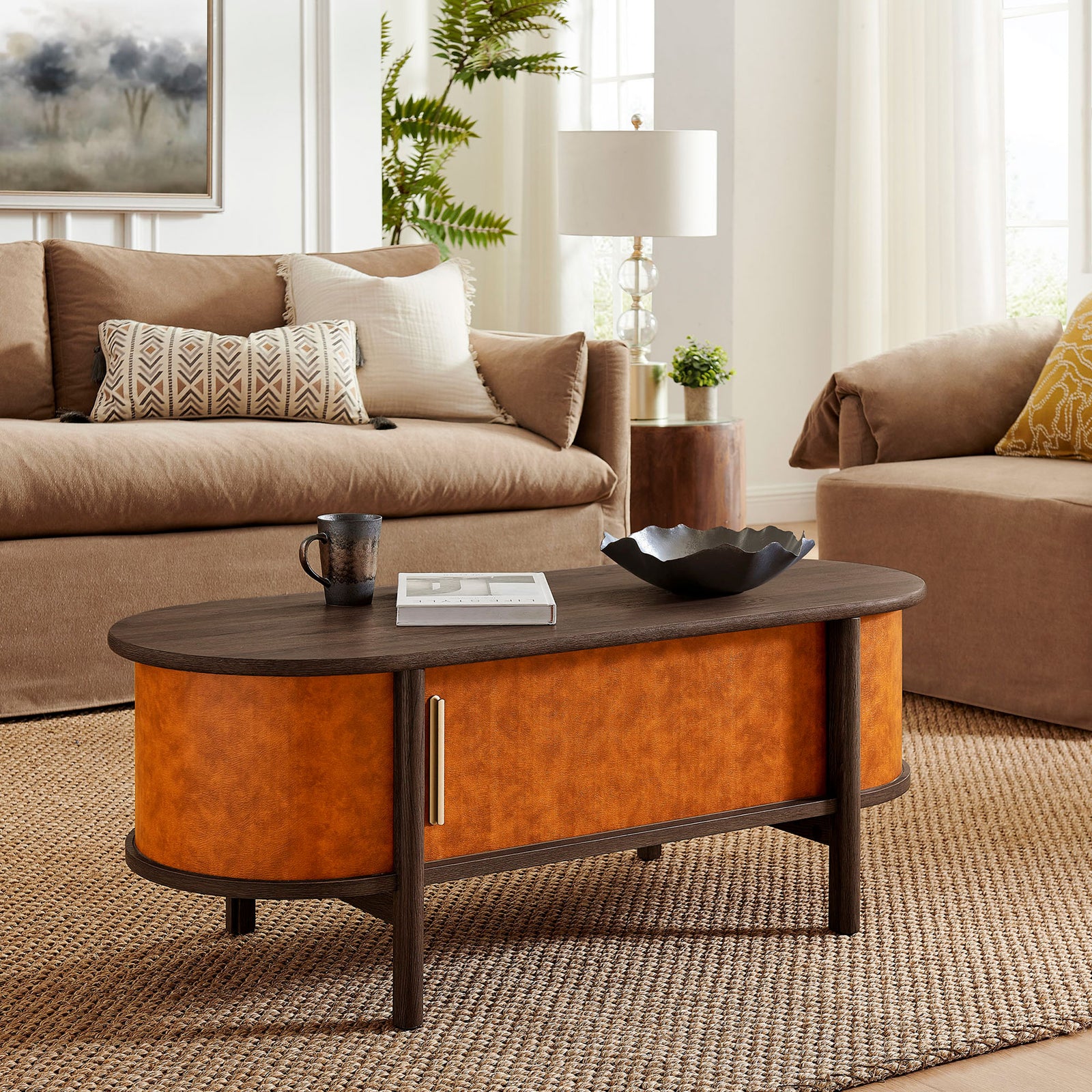 Walnut top and tan vegan leather bring rich texture that anchors the living room with warmth. || EEI-7371-WAL-TAN || front_angle_room