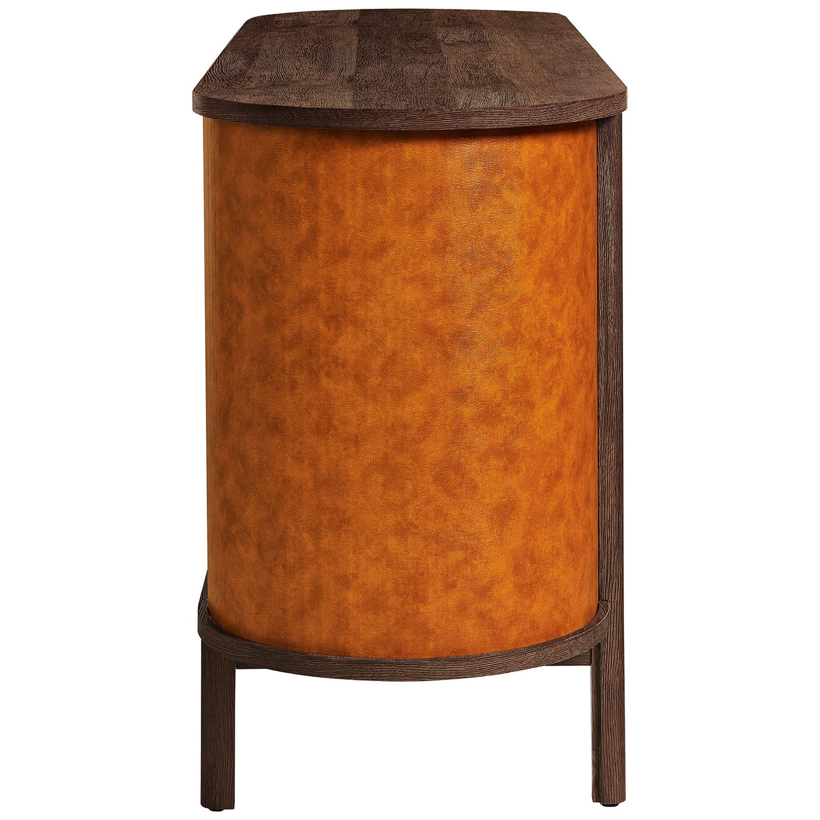 Rounded end showcases the rich wood grain top, warm vegan leather sides, and airy legged base of the console. || EEI-7372-WAL-TAN || side_studio