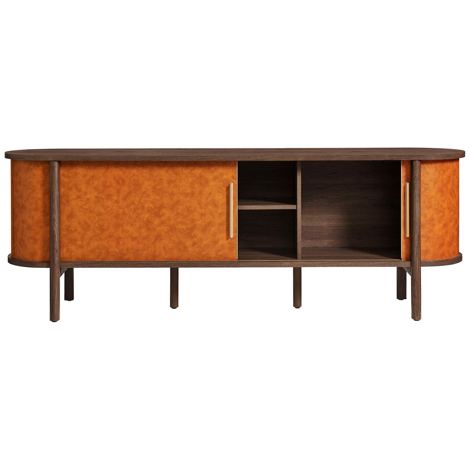 Sliding tambour doors glide to reveal adjustable shelves, keeping media devices and decor neatly organized. || EEI-7372-WAL-TAN || front_open_studio
