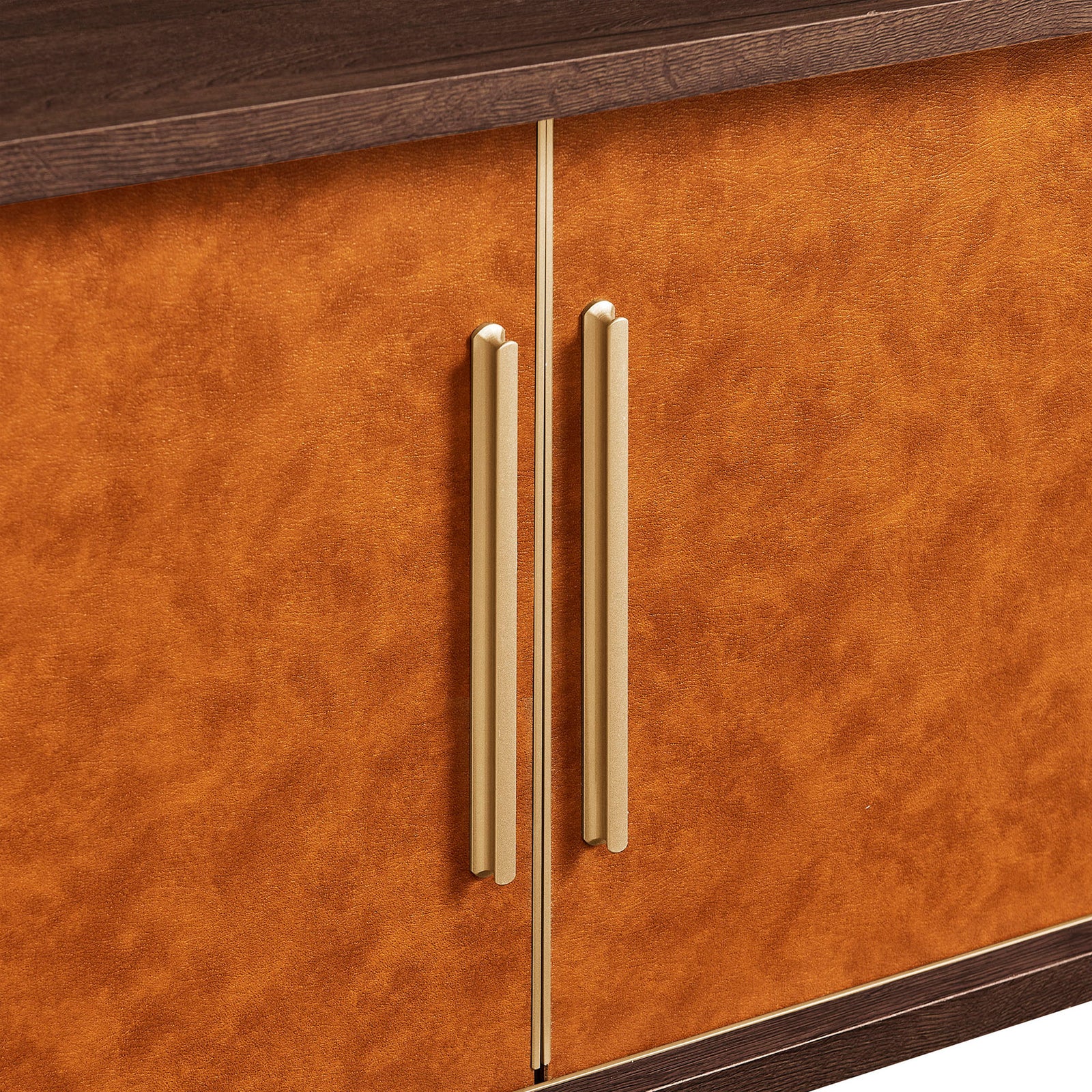 Slim vertical gold-tone handles lend a refined contrast against the textured walnut tan vegan leather panels. || EEI-7372-WAL-TAN || handle_studio