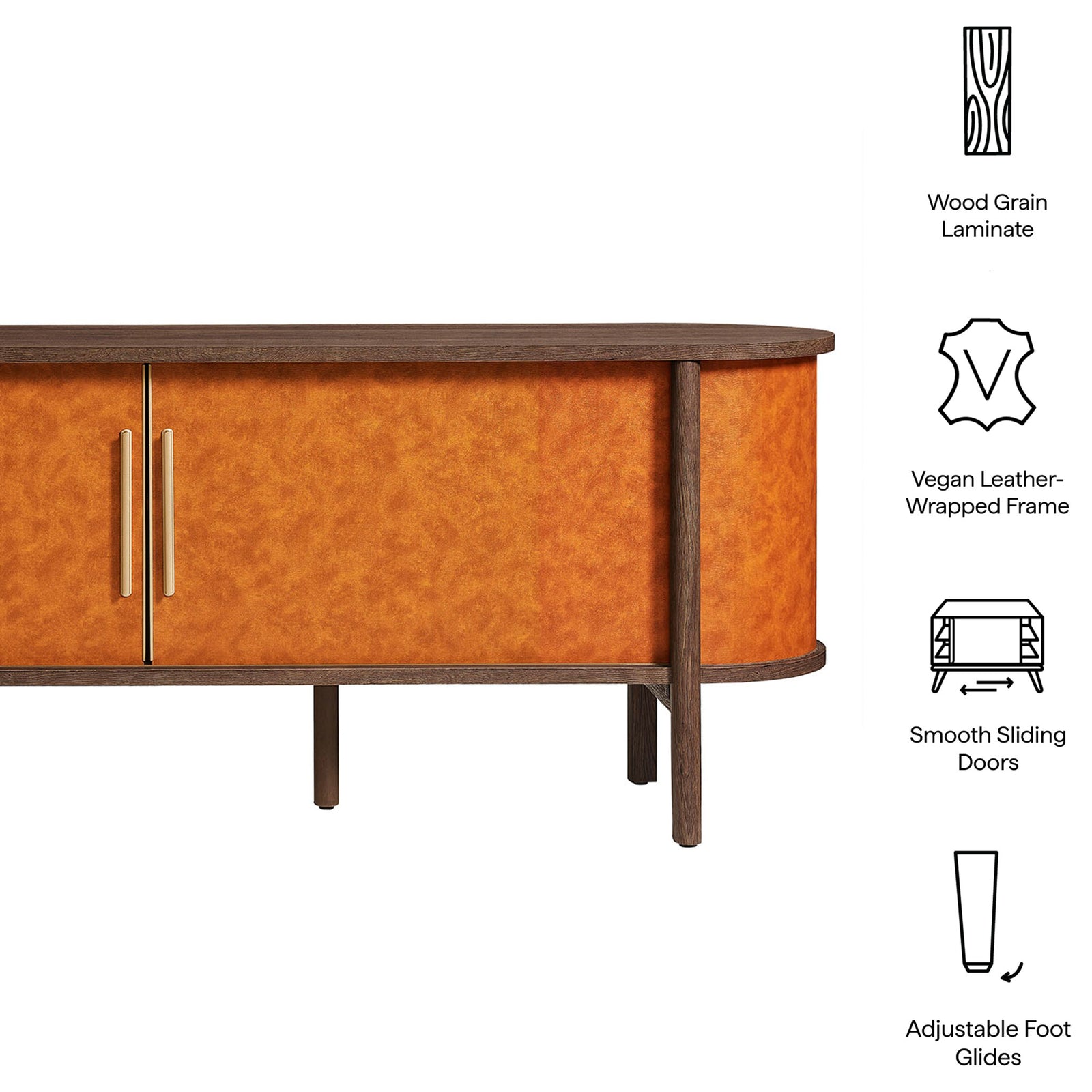 Feature graphic highlights the oval profile, vegan leather wrapping, smooth sliding doors, and adjustable foot glides. || EEI-7372-WAL-TAN || callout_studio