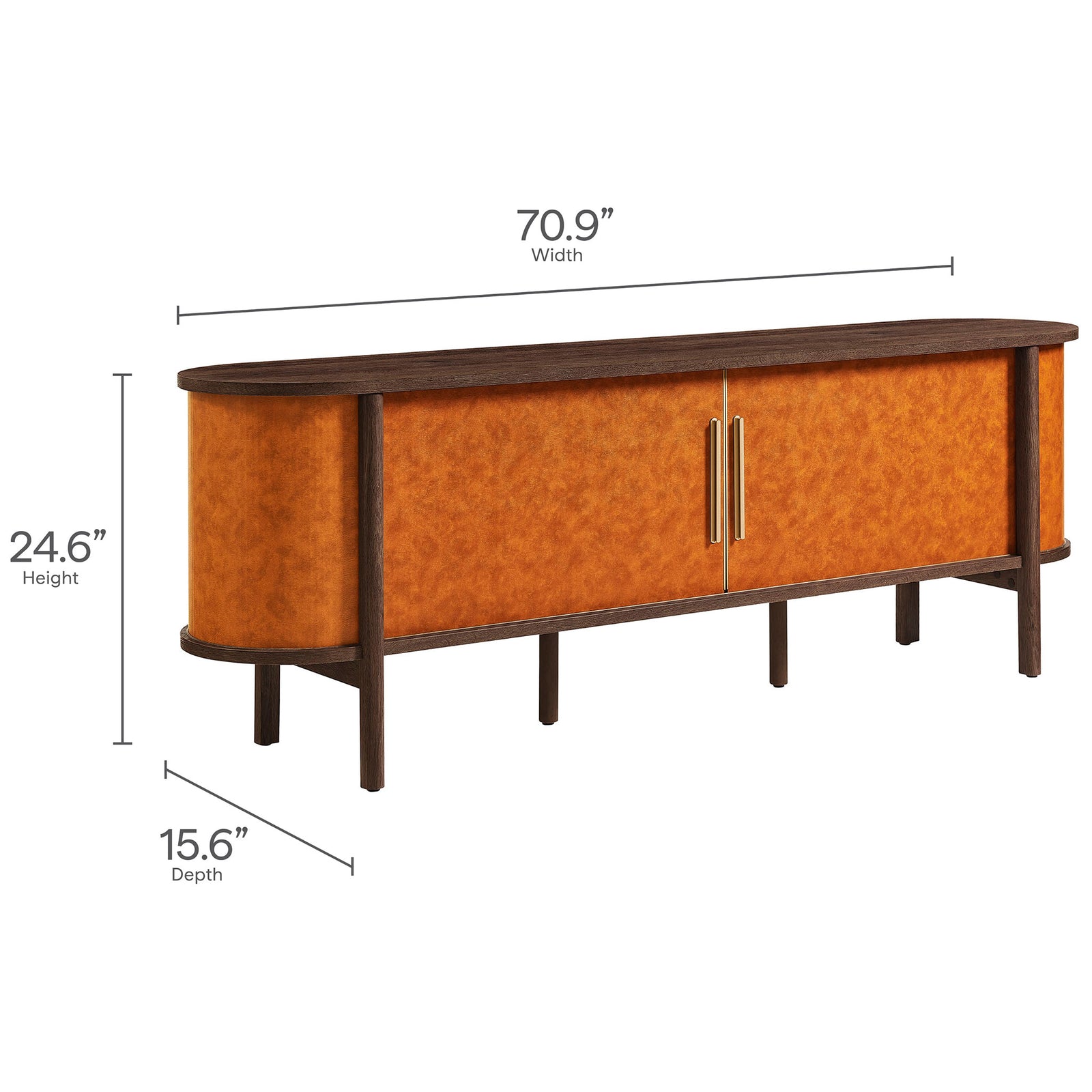 Dimension graphic shows the Coralie TV stand sizing, ideal for supporting televisions up to seventy-eight inches wide. || EEI-7372-WAL-TAN || dimension_studio
