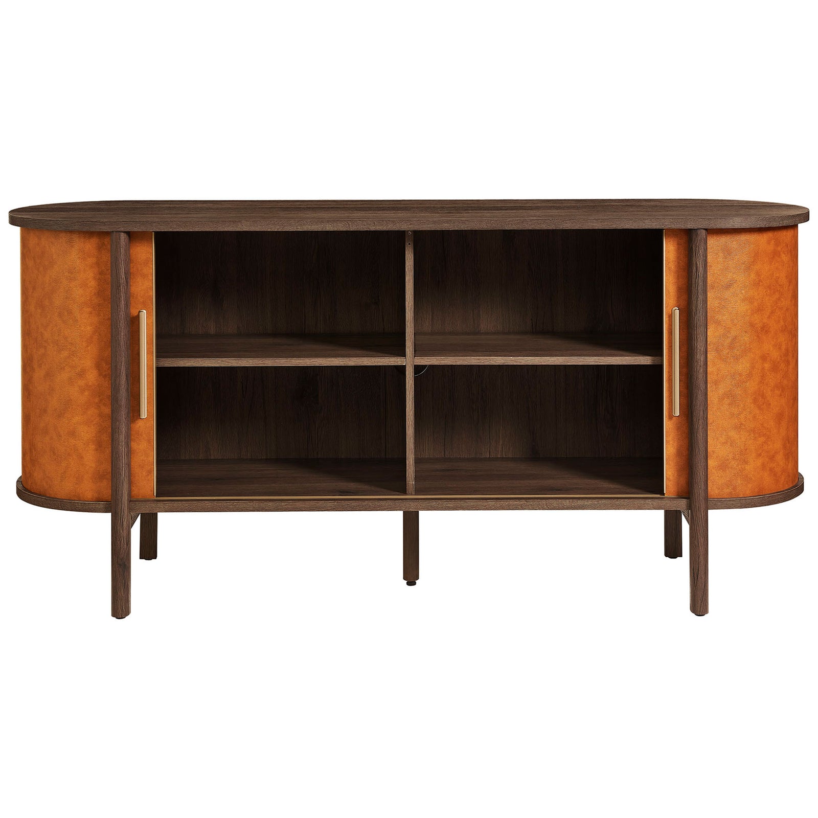 Curved vegan leather sideboard with both tambour doors open, showing four spacious interior storage compartments || EEI-7373-WAL-TAN || front_open_studio