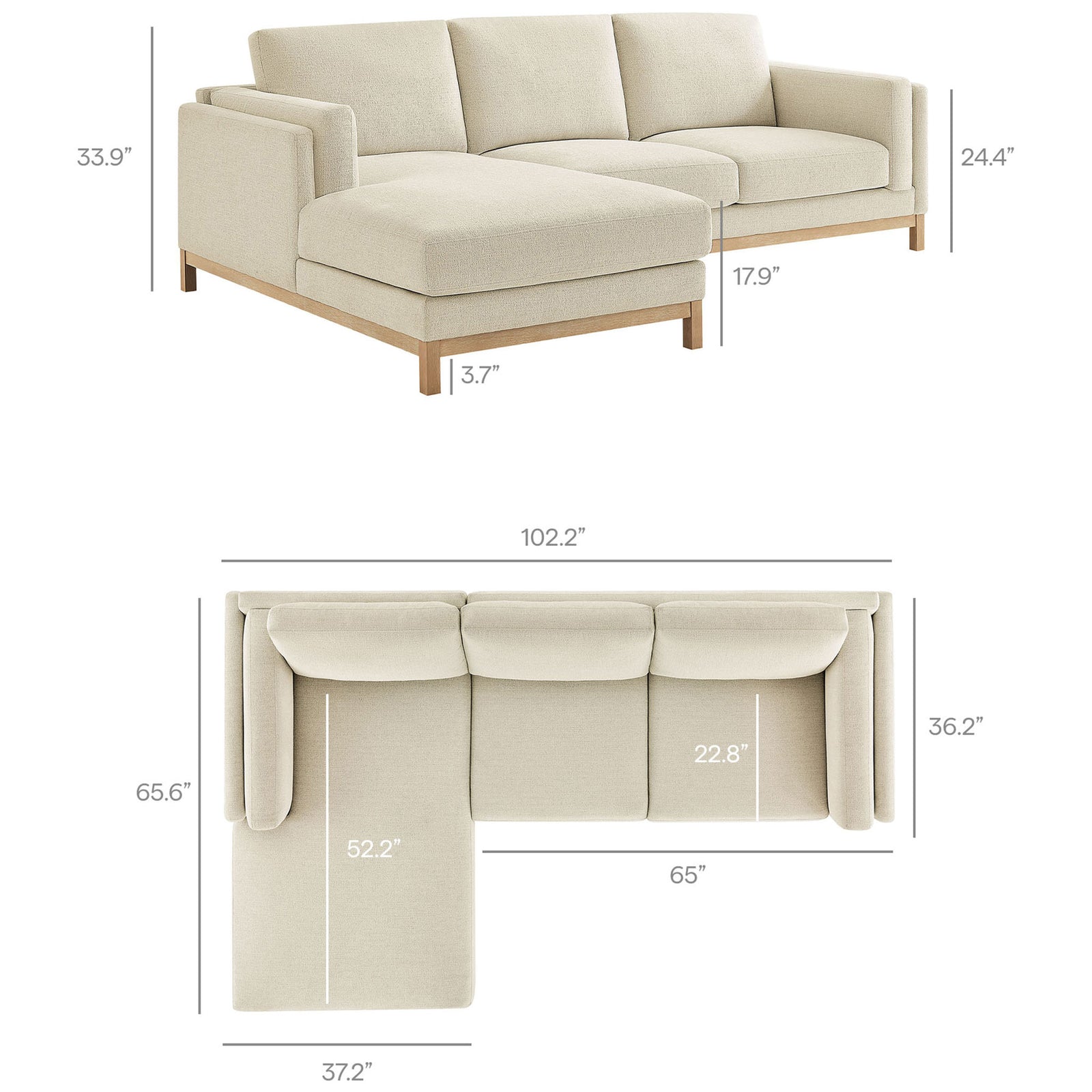 Dimensions of the ivory left-facing sectional sofa and chaise shown with measurements for easy room planning || EEI-7374-IVO || dimension_studio