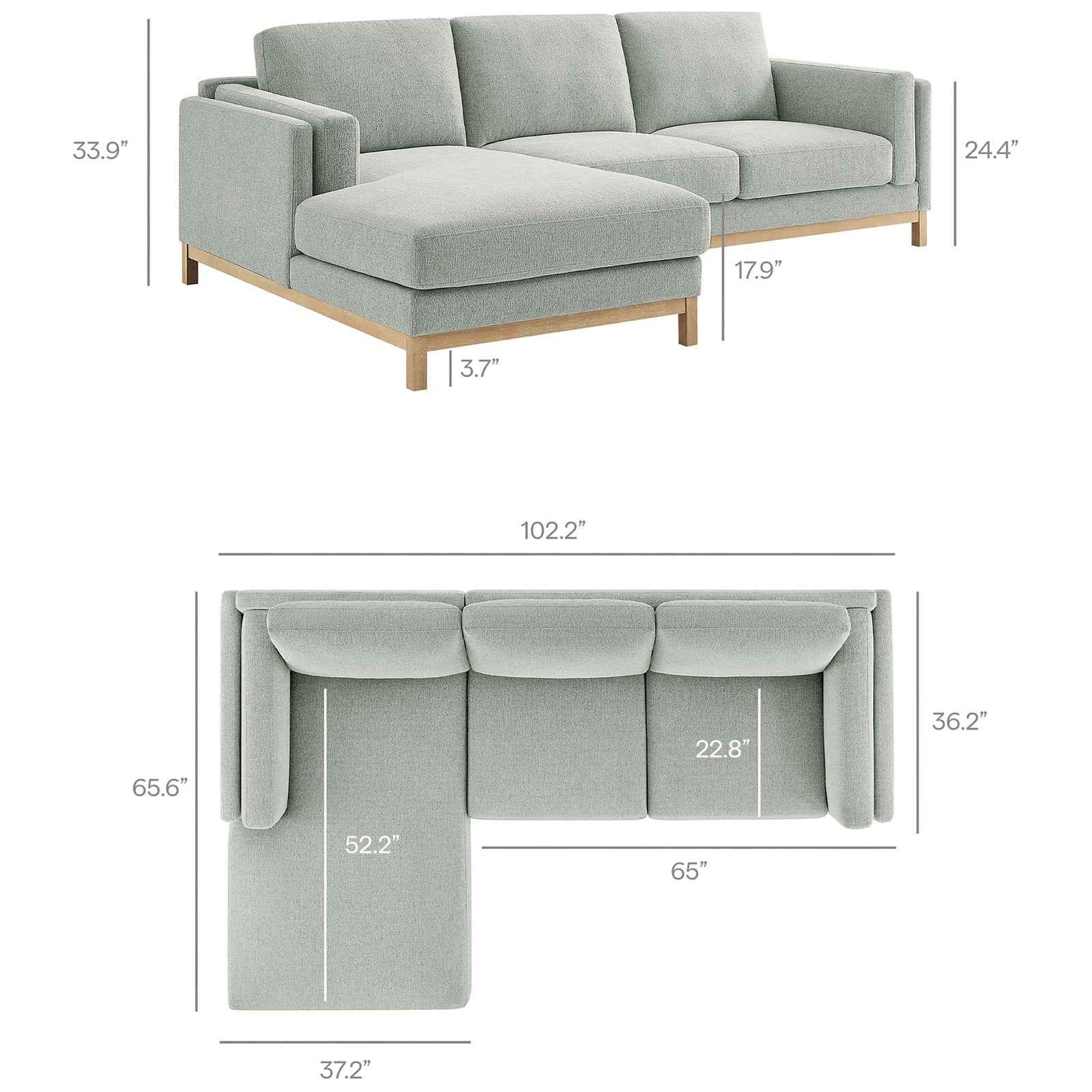 Roscoe left-facing sectional sofa with chaise shown with overall width, depth, and height dimensions || EEI-7374-MST || dimension_studio