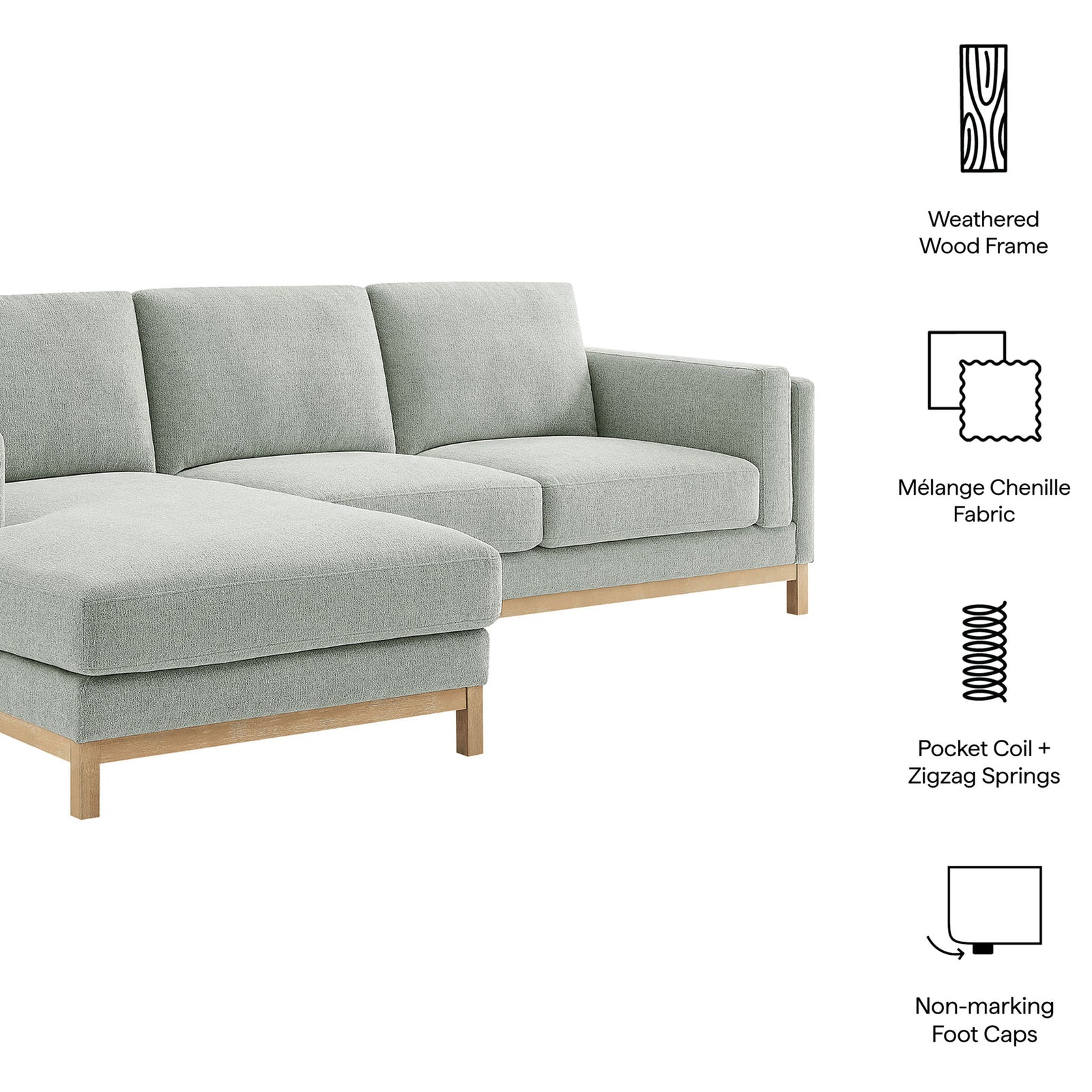 Roscoe sectional sofa highlighting melange chenille fabric, wood frame, coils, and non-marking foot caps || EEI-7374-MST || callout_studio