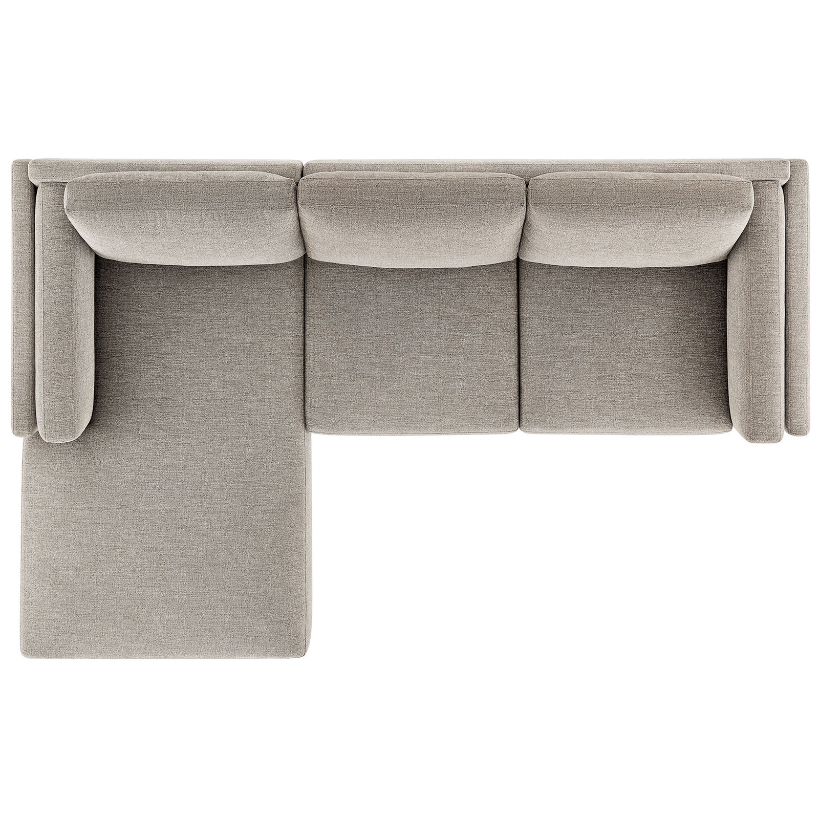 L-shaped left-facing sectional layout emphasizing the spacious chaise and tailored three-seat backrest. || EEI-7374-PEW || top_studio