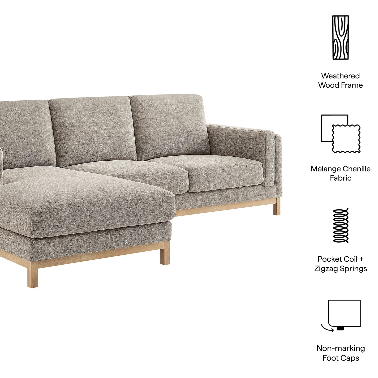 Feature highlights for the left-facing Roscoe sectional, including wood frame, chenille fabric, springs, and foot caps. || EEI-7374-PEW || callout_studio