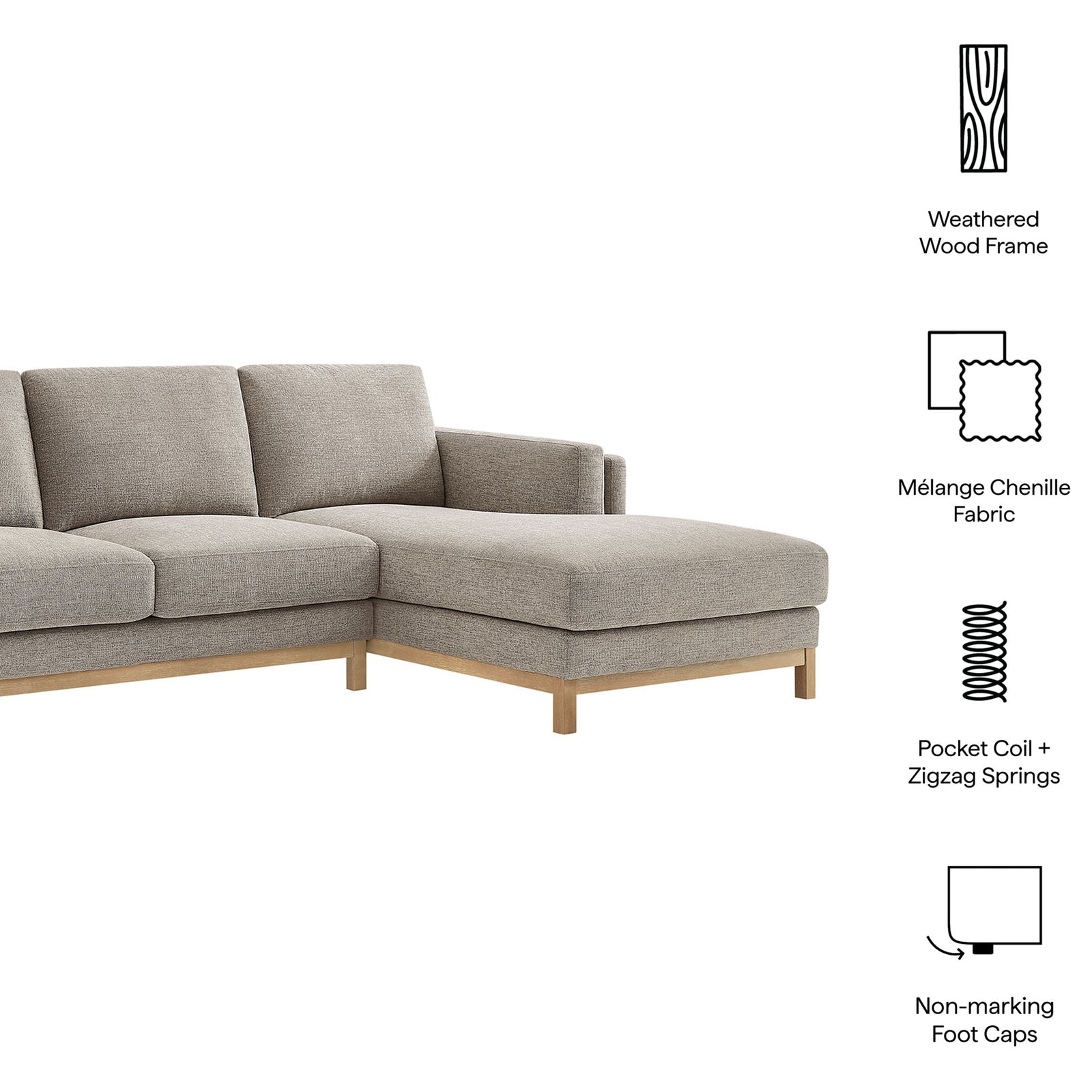 Key highlights for the right-facing Roscoe sectional, including wood frame, chenille fabric, springs, and foot caps. || EEI-7375-PEW || callout_studio