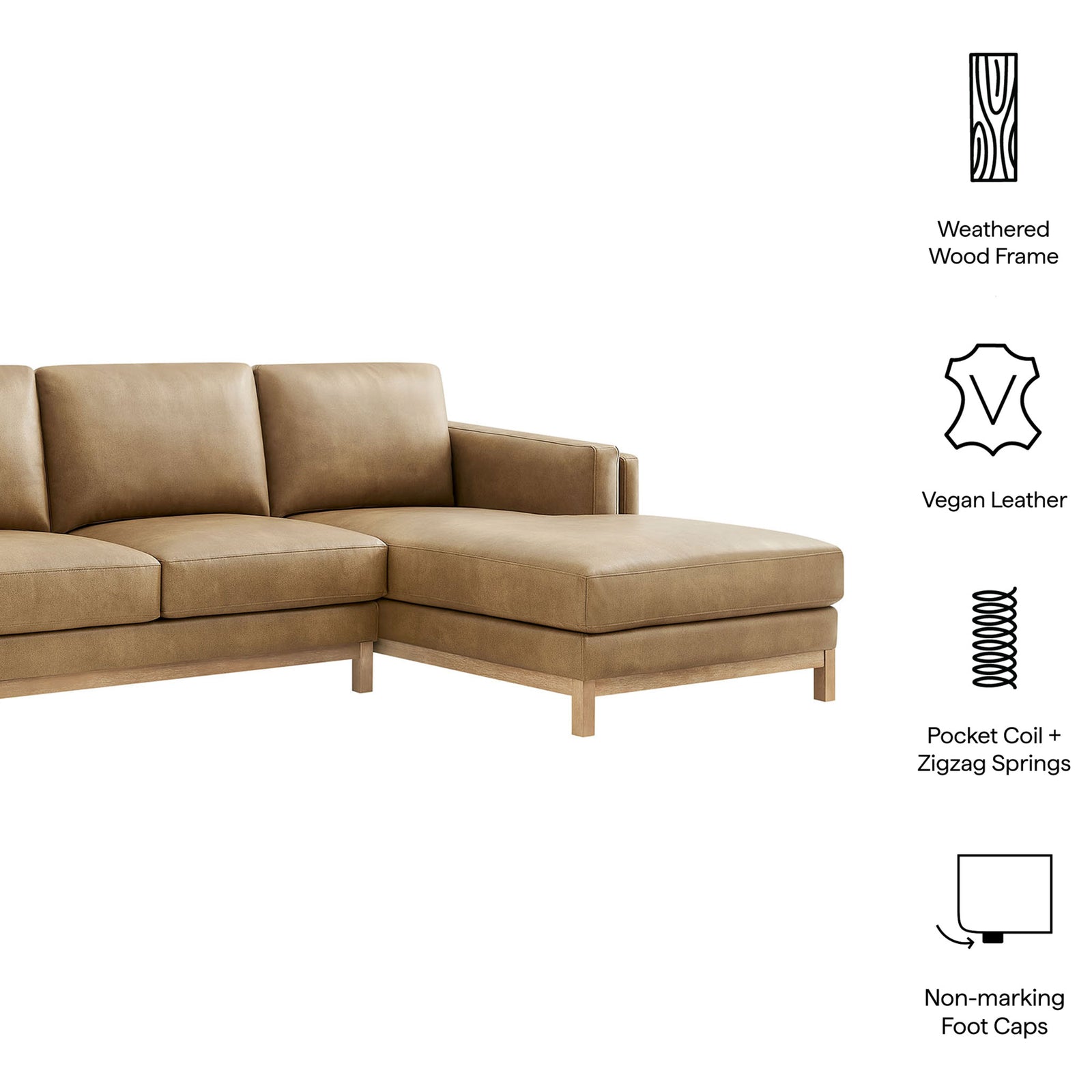 Roscoe sectional features including weathered wood base, vegan leather, and coil springs || EEI-7377-TST || callout_studio