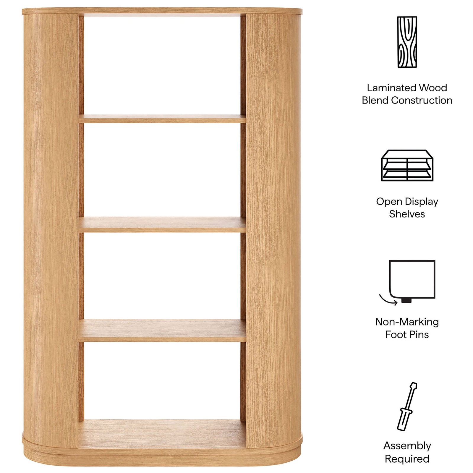 Rounded-edge natural wood bookcase with four open shelves and a clean, minimalist profile || EEI-7378-NAT || callout_studio