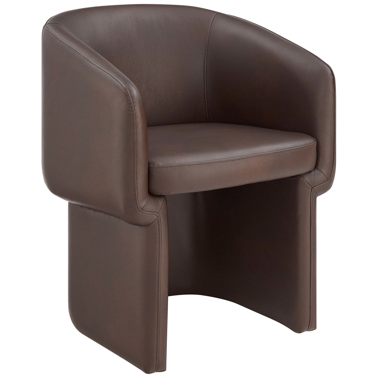 Espresso vegan leather barrel dining chair with fully upholstered pedestal base and curved wraparound backrest || EEI-7383-ESP || front_angle_studio