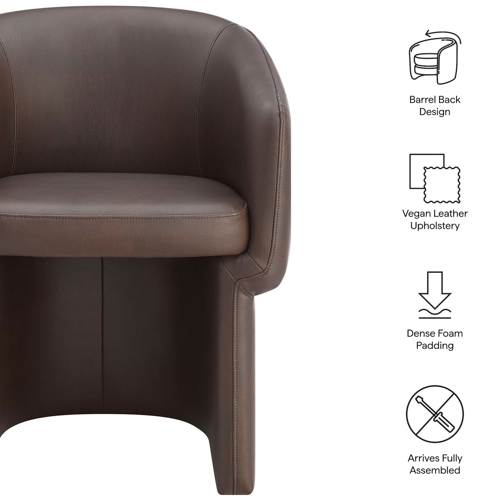 Feature graphic of espresso barrel dining chair with icons highlighting vegan leather and dense foam padding || EEI-7383-ESP || callout_studio