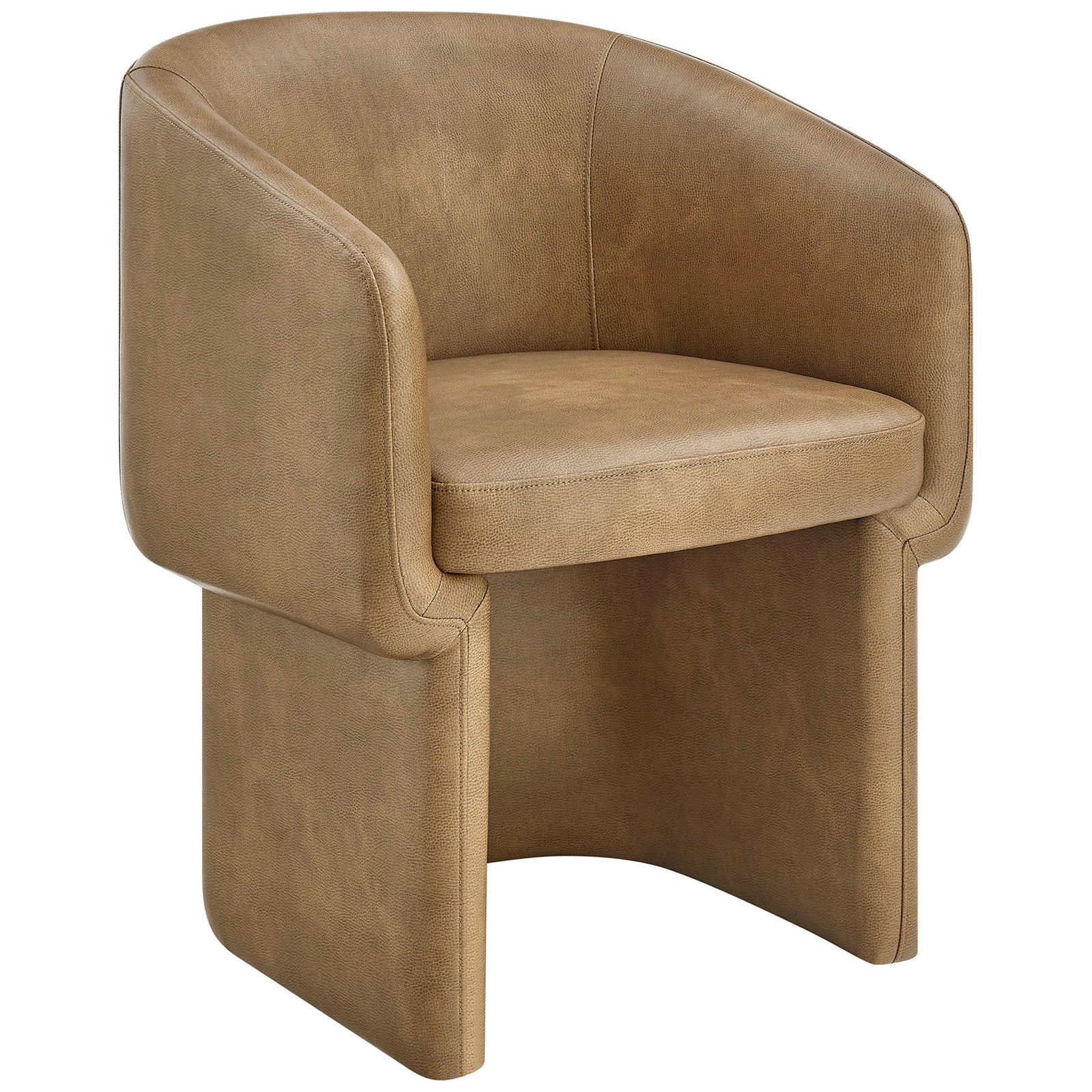 Modern barrel-back toast vegan leather dining chair with sculpted sides and curved arms. || EEI-7383-TST || front_angle_studio